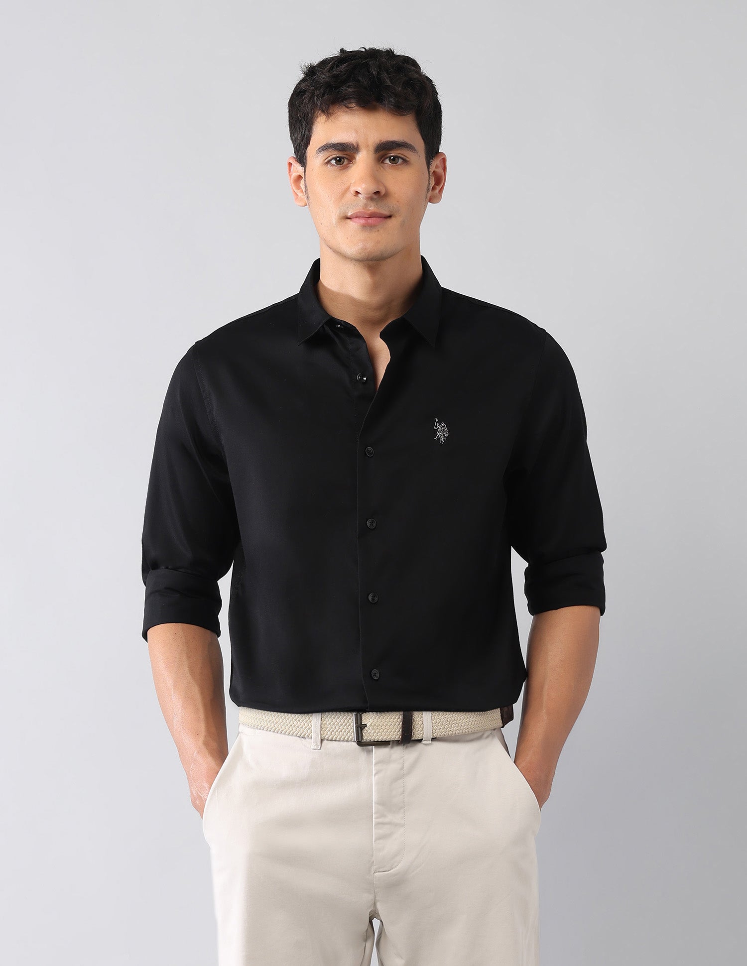 Solid Satin Regular Fit Shirt Black - U.S. Polo Assn. India | Large