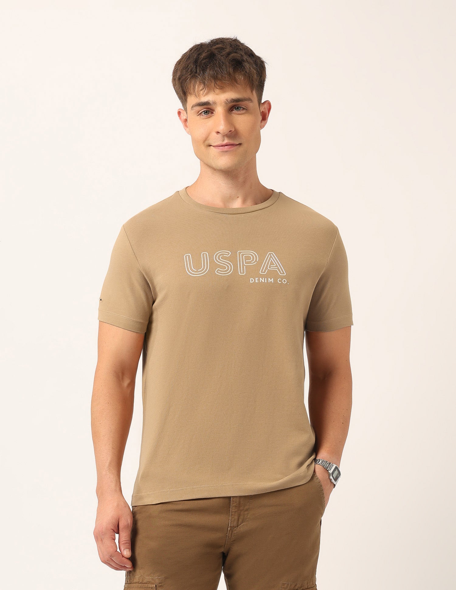 Brand Printed Muscle Fit T-Shirt Medium Khaki - U.S. Polo Assn. India | Large