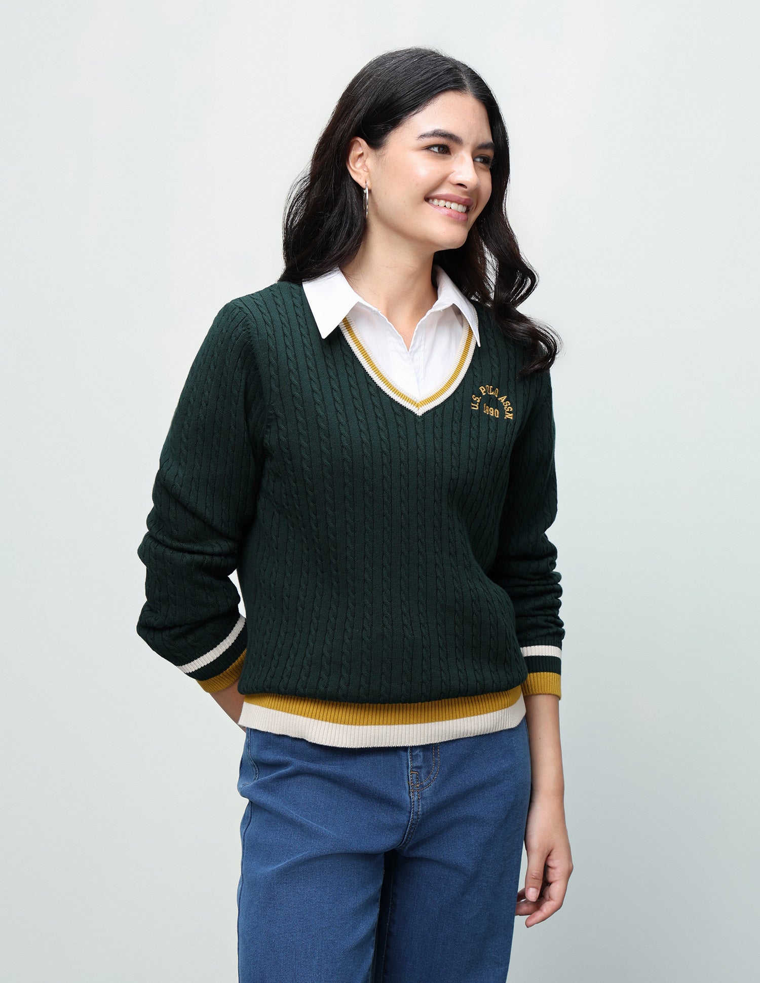 Cable Patterned Knit Regular Fit Sweater Dark Green - U.S. Polo Assn. India | Large