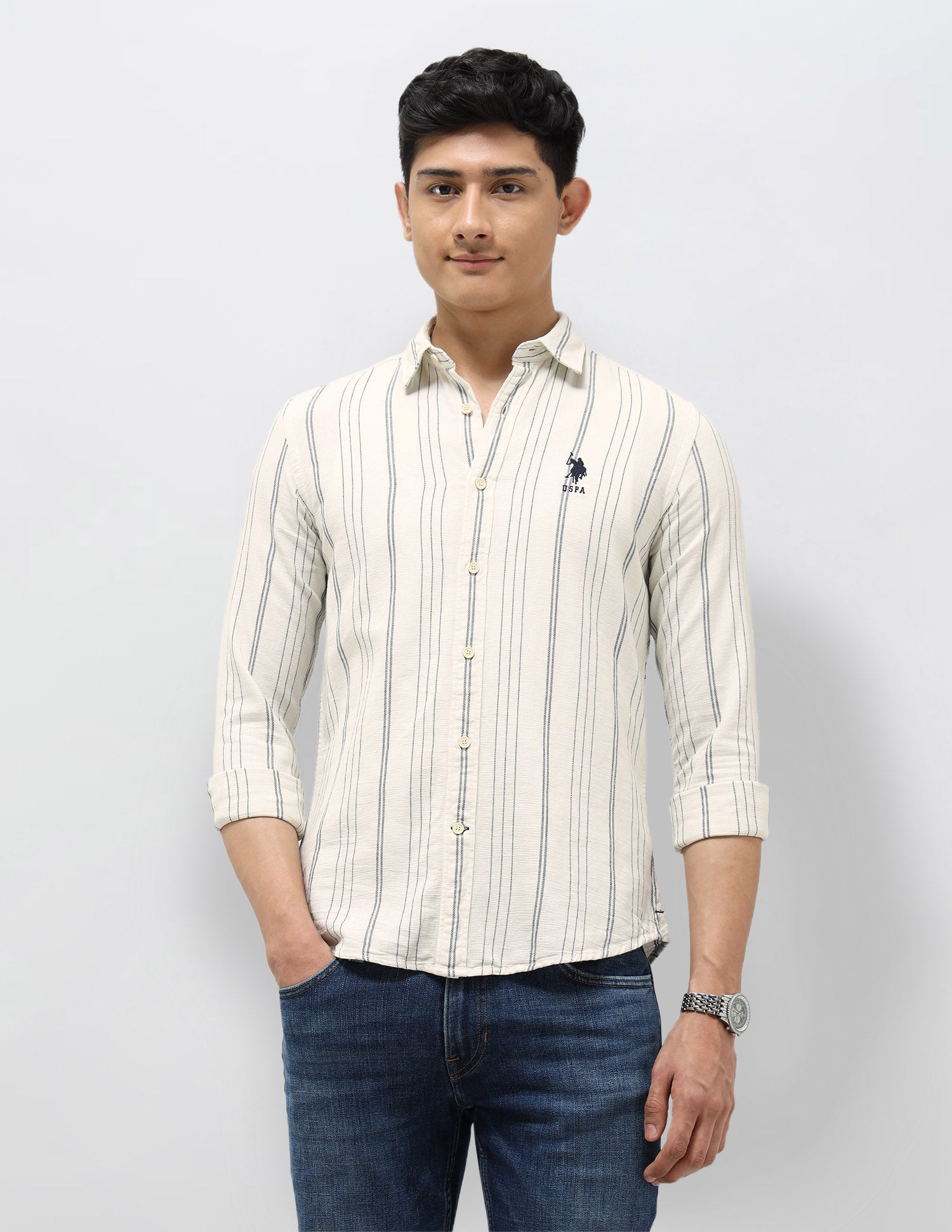 Vertical Striped Regular Fit Shirt Off White - U.S. Polo Assn. India | Large