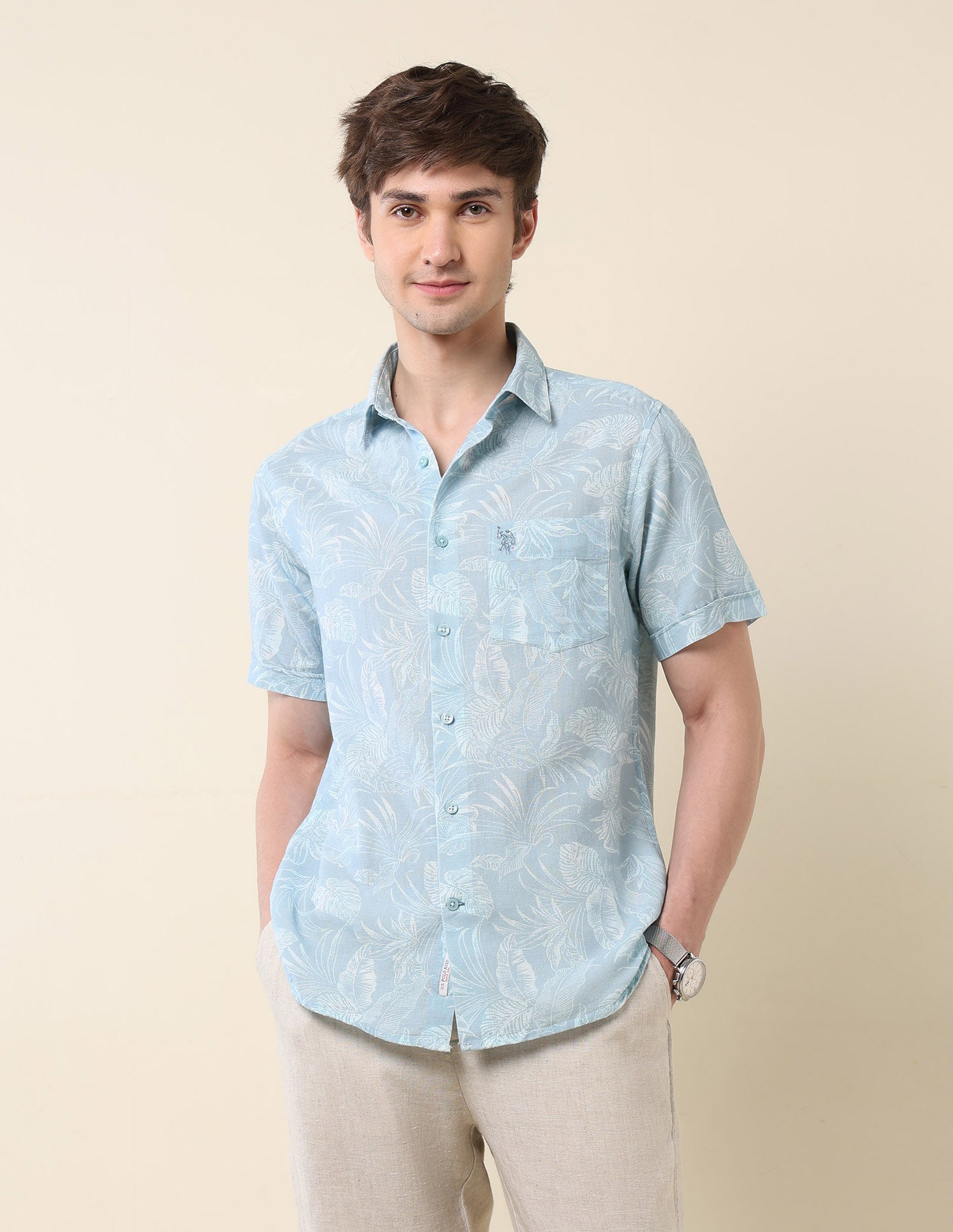 Tropical Printed Tailored Fit Shirt Aqua - U.S. Polo Assn. India | Large