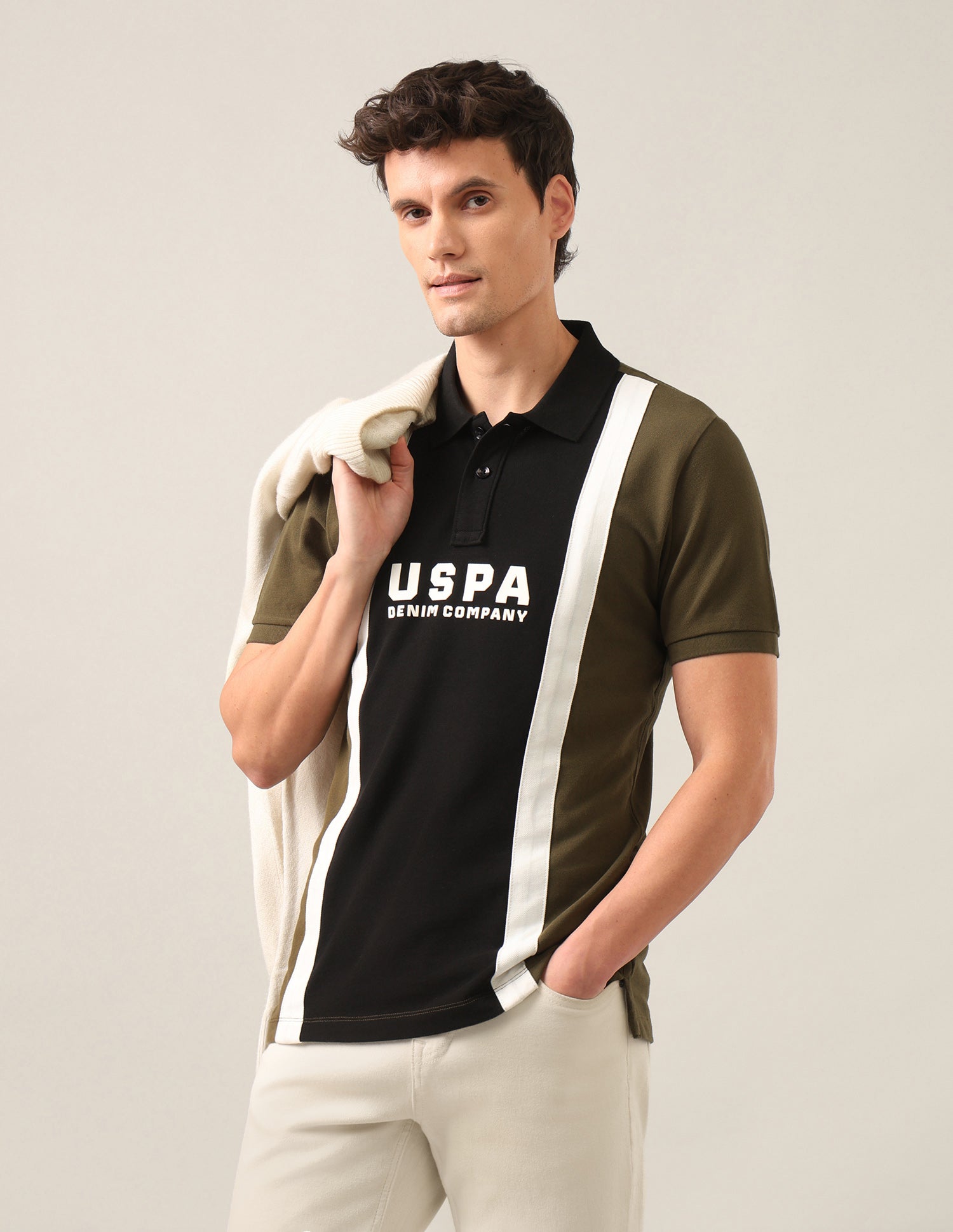 Colourblocked With Brand Printed Slim Fit Polo Shirt Olive - U.S. Polo Assn. India | Large