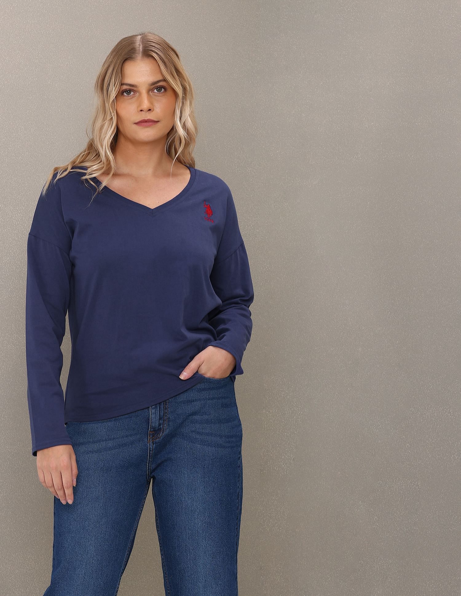 V-Neck Long Sleeve Solid Top Blue - U.S. Polo Assn. India | Large