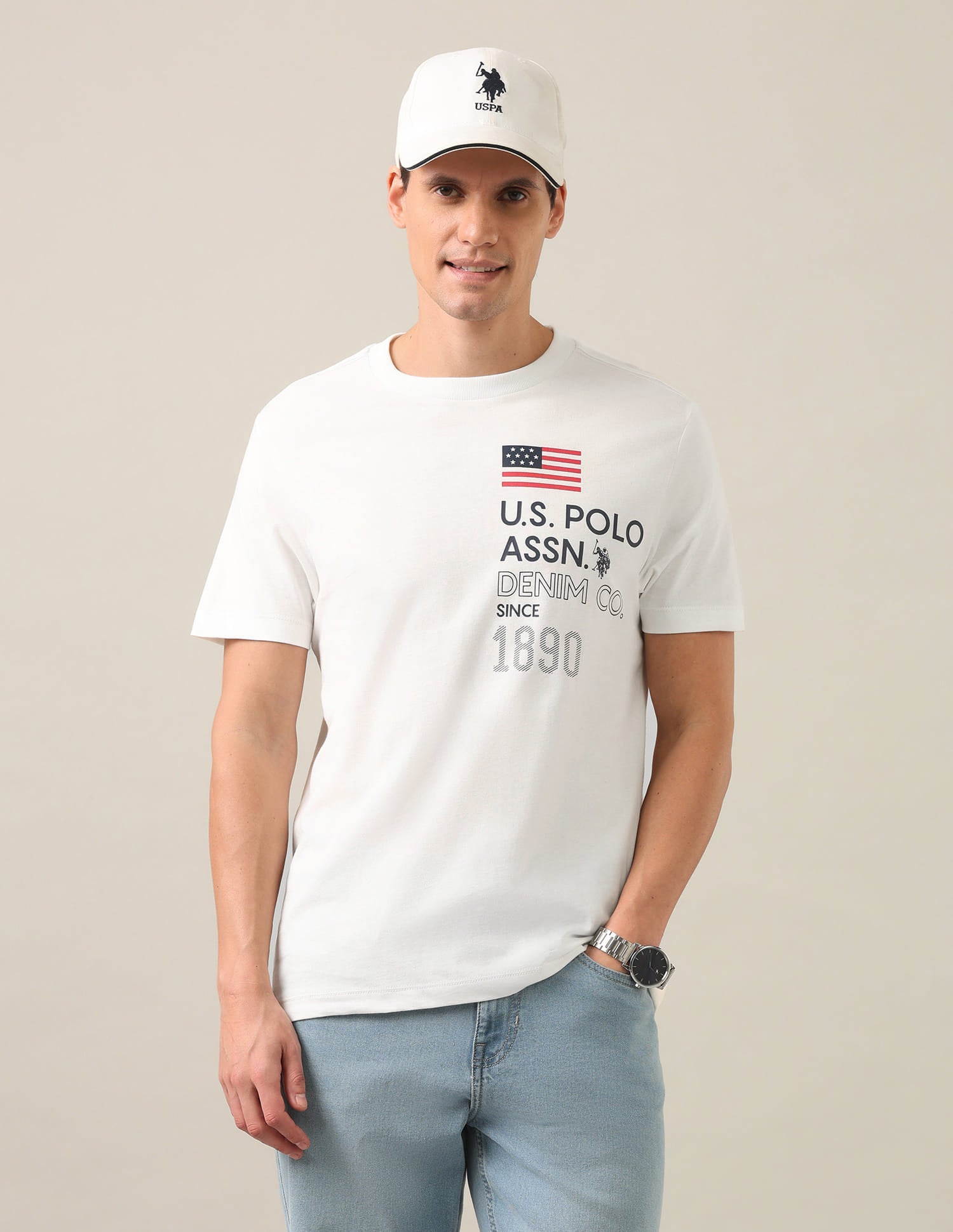 Typographic Brand Printed Regular Fit T-Shirt Ivory - U.S. Polo Assn. India | Large