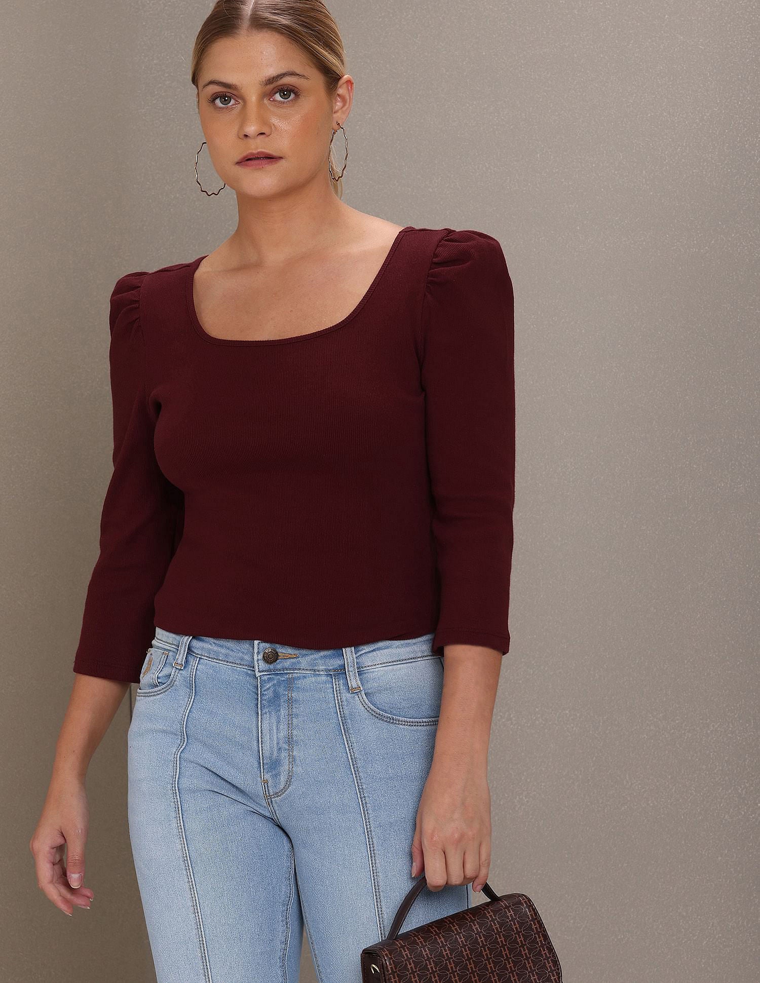 Square Neck Solid Knit Top Maroon - U.S. Polo Assn. India | Large