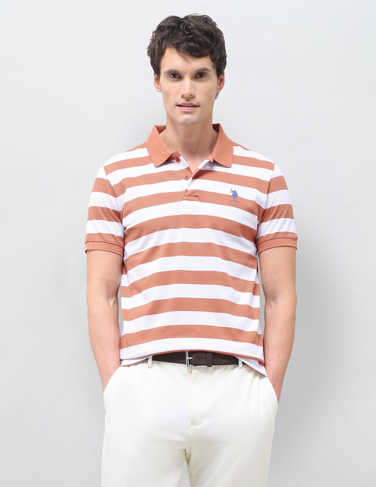 Horizontal Striped Slim Fit Polo Shirt Pink - U.S. Polo Assn. India | Large