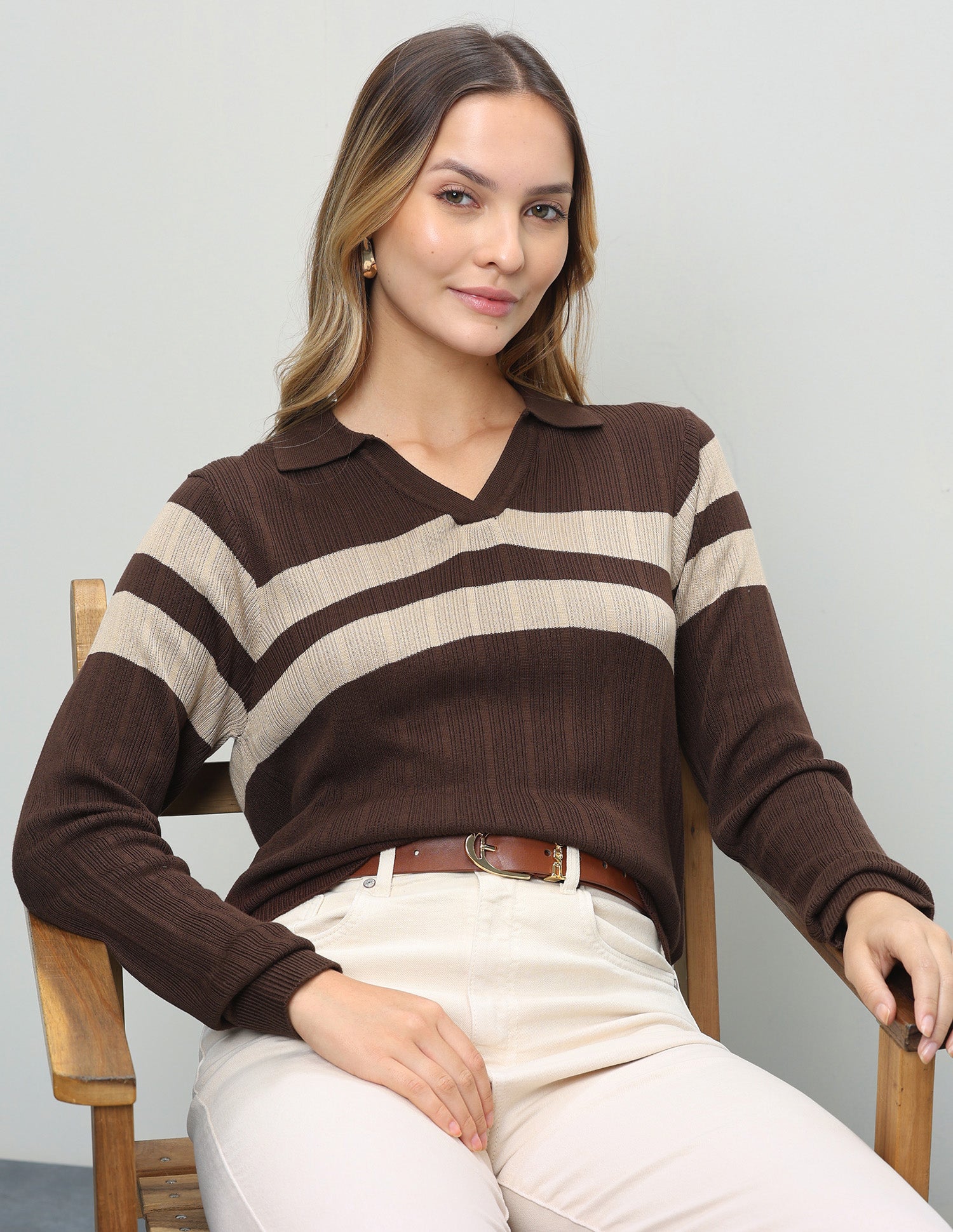 Horizontal Striped Relaxed Fit Top Dark Brown - U.S. Polo Assn. India | Large