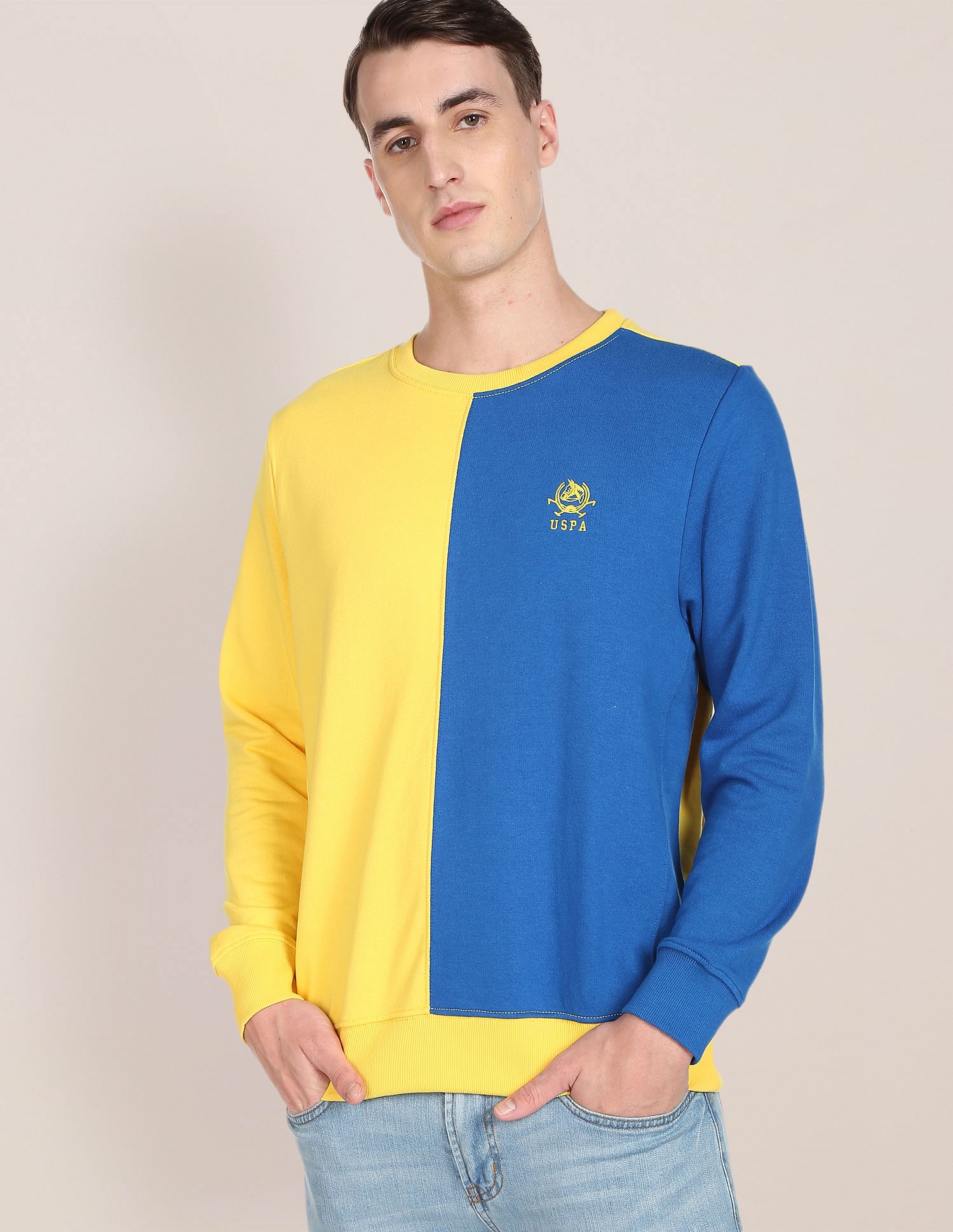 Men Yellow And Blue Colour Block Crew Neck Sweatshirt – Polo