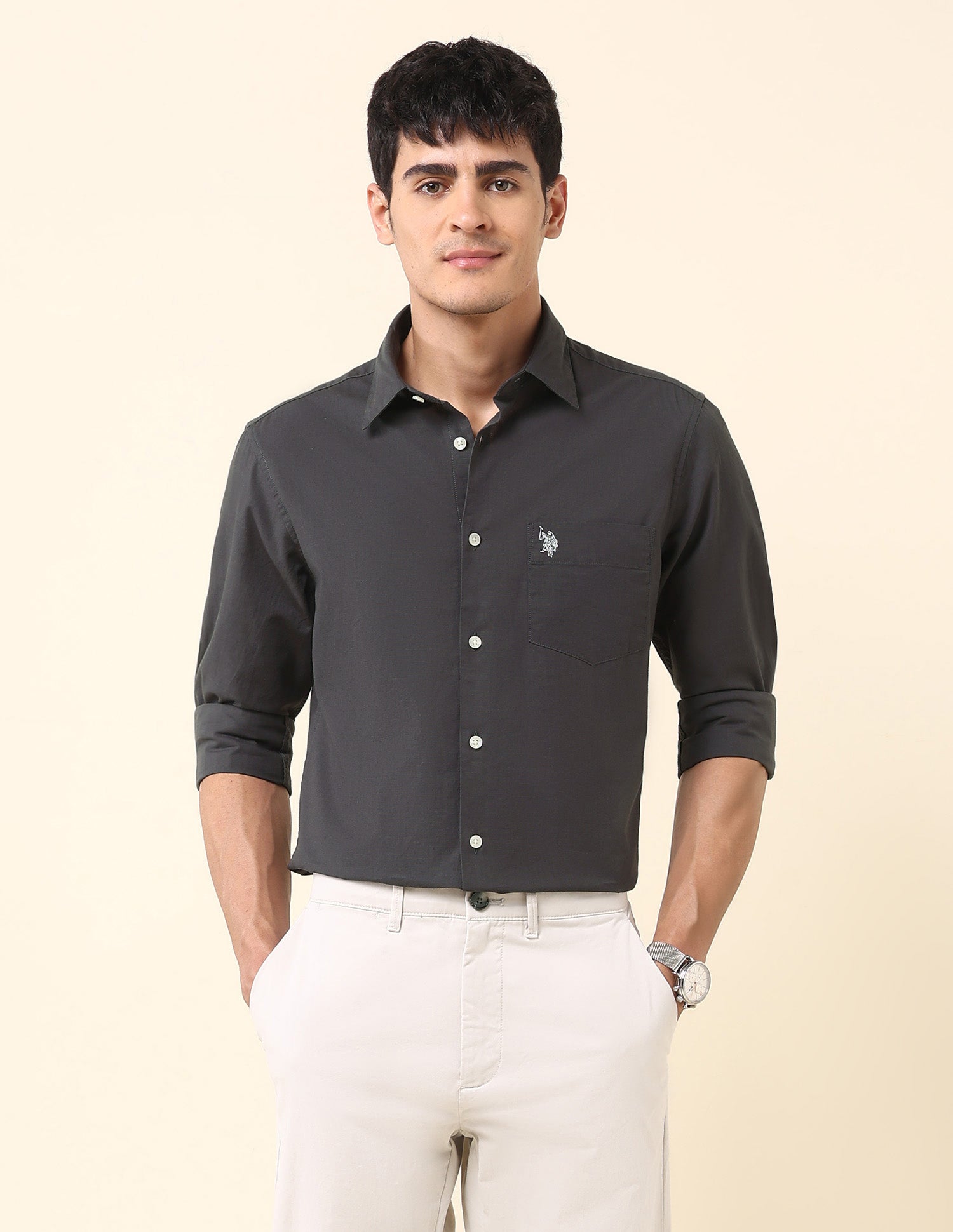 Twill Solid Tailored Fit Shirt Grey - U.S. Polo Assn. India | Large