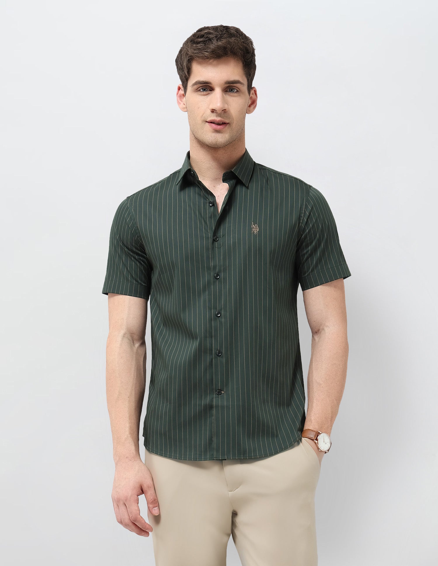 Vertical Striped Equestrian Aisle Shirt Olive - U.S. Polo Assn. India | Large