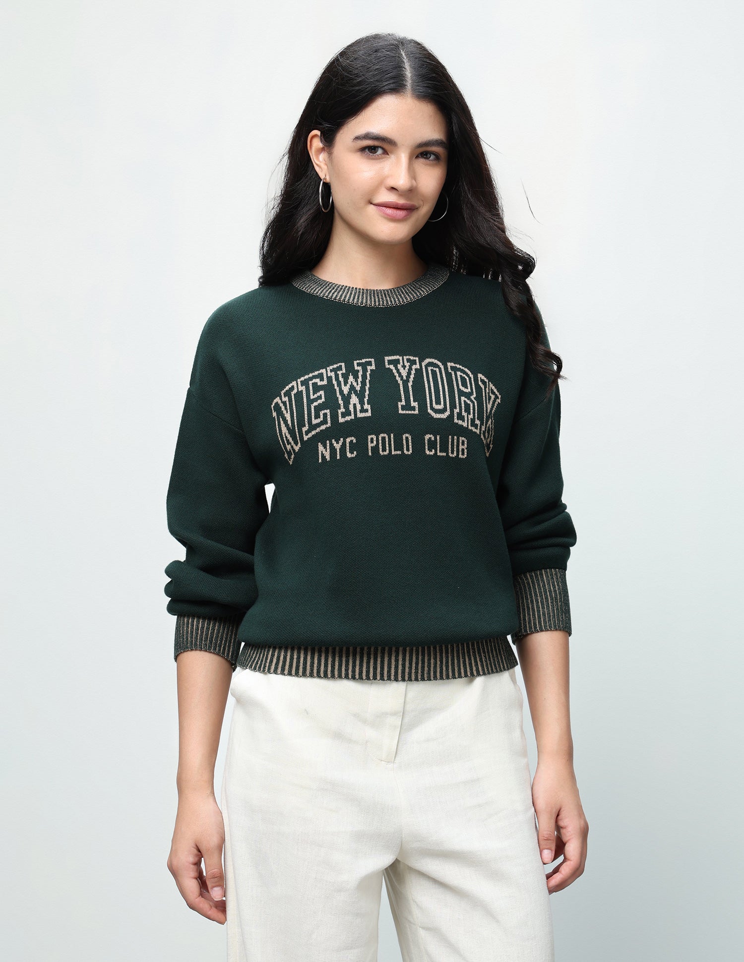 Typographic Patterned Knit Oversized Fit Sweater Dark Green - U.S. Polo Assn. India | Large