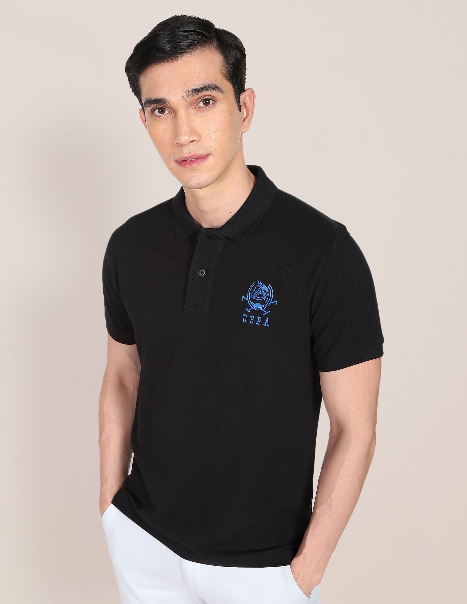 Solid Pique Knit Cotton Polo Shirt Black - U.S. Polo Assn. India | Large