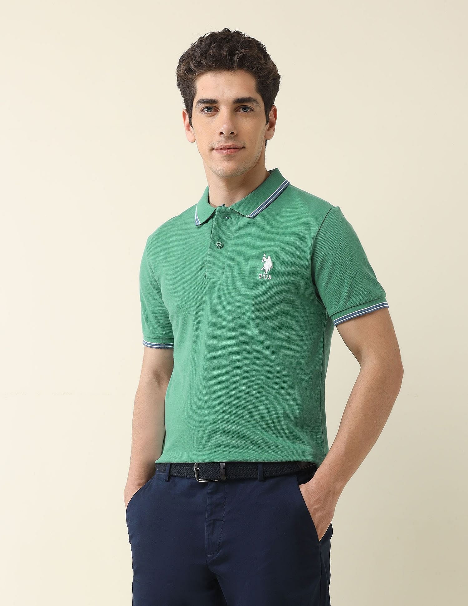 Slim Fit Solid Polo Shirt Green - U.S. Polo Assn. India | Large