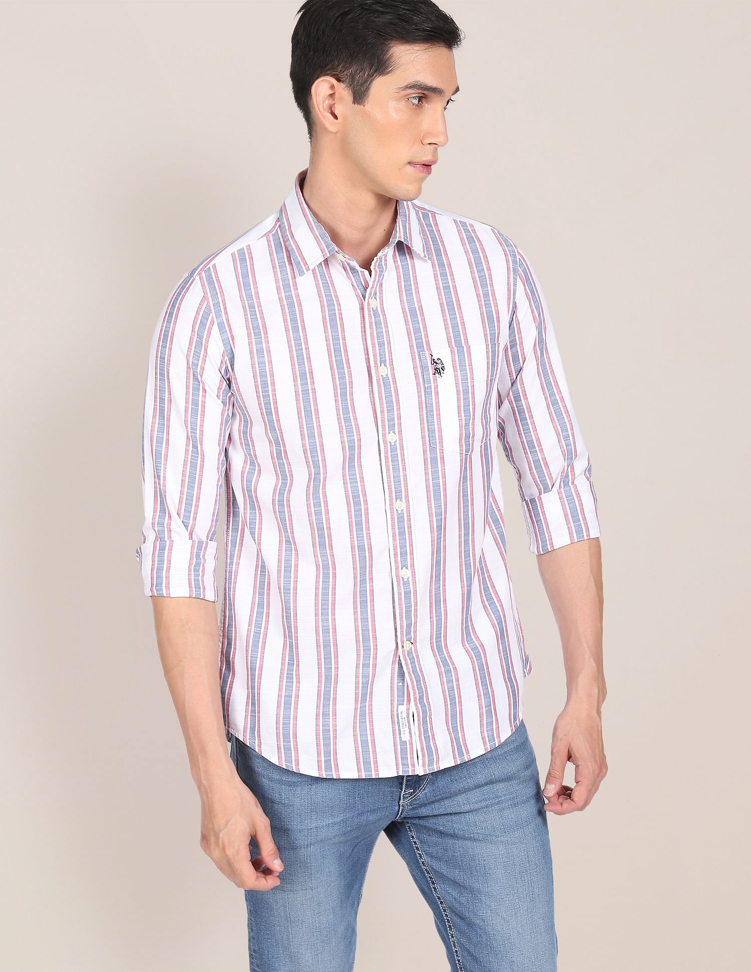 Men White Regular Fit Striped Casual Shirt White - U.S. Polo Assn. India | Large