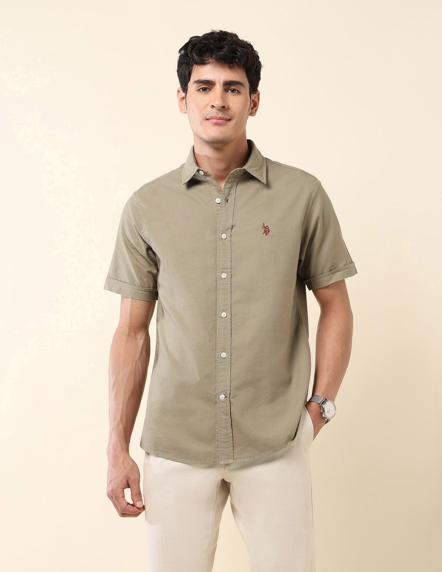 Tailored Fit Pure Cotton Oxford Shirt Olive - U.S. Polo Assn. India | Large