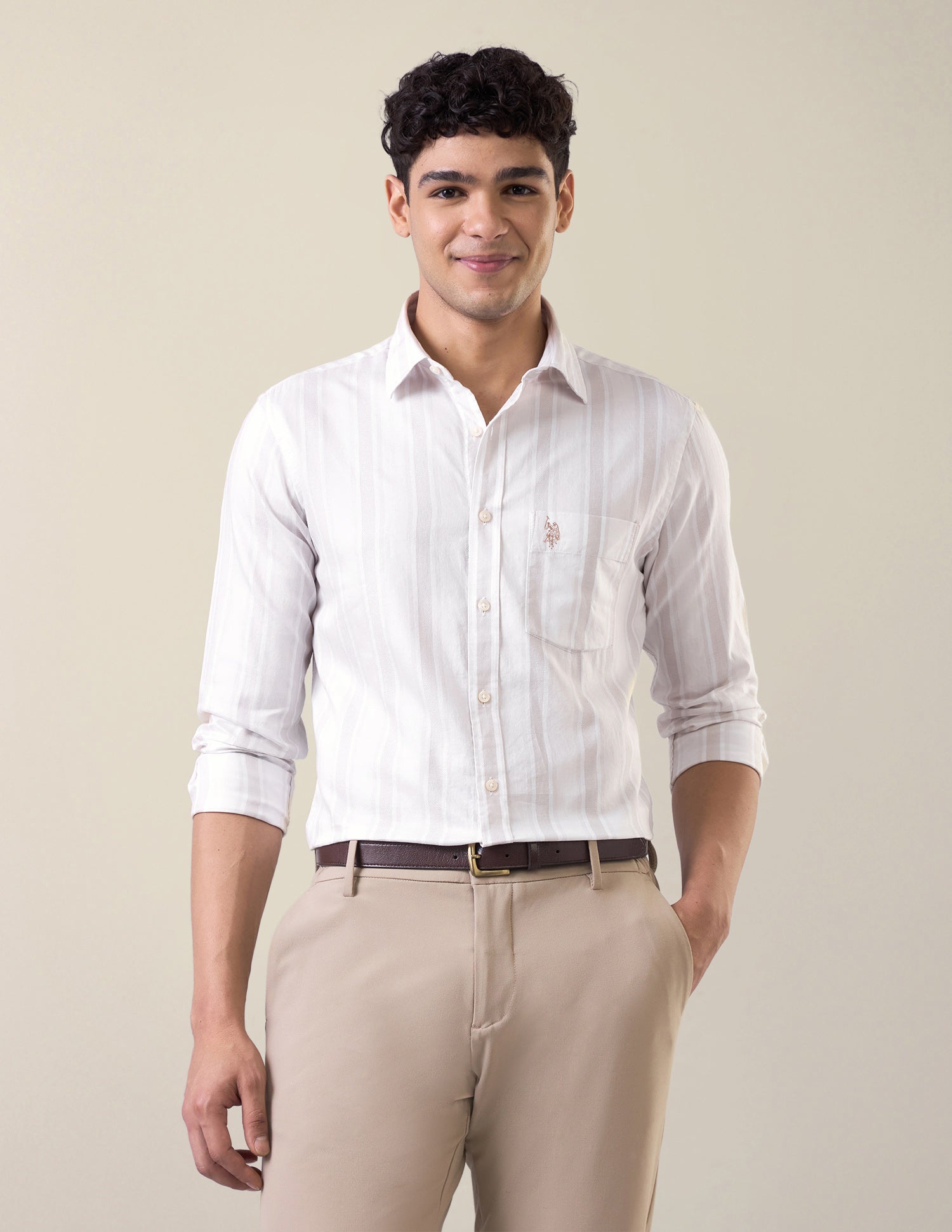 Vertical Striped Tailored Fit Shirt Cream - U.S. Polo Assn. India | Large
