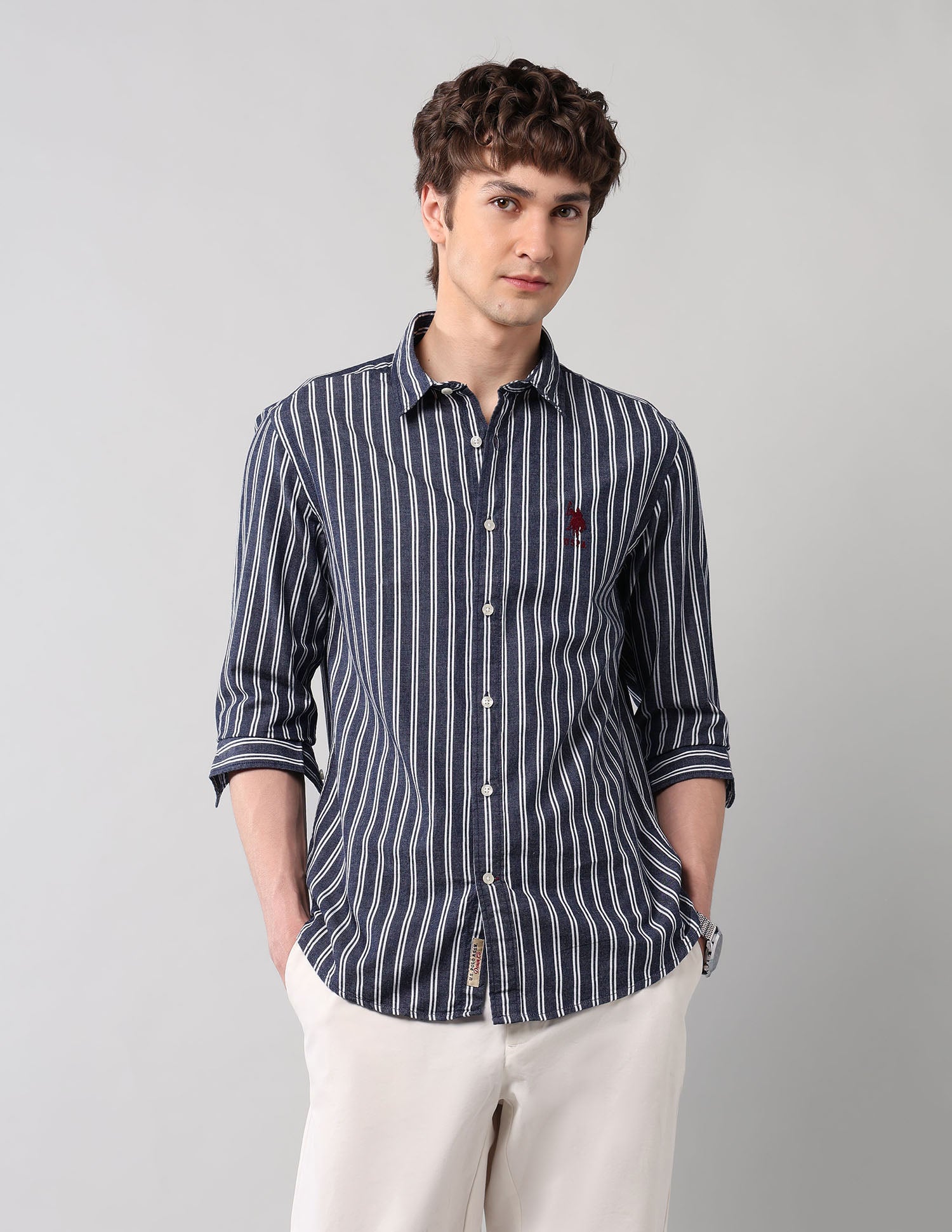 Vertical Striped Pure Cotton Shirt Indigo - U.S. Polo Assn. India | Large