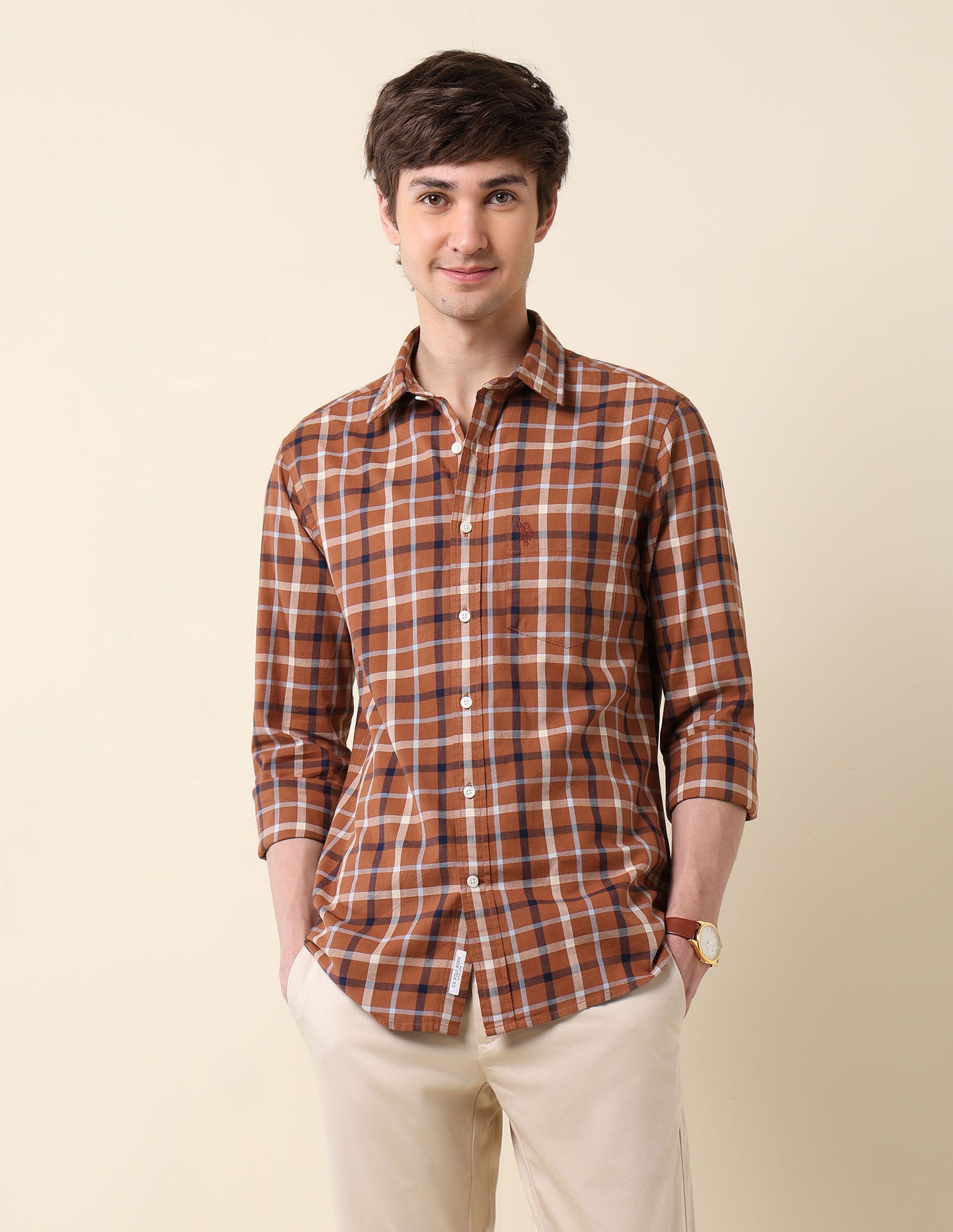 Grid Tattersall Checked Pure Cotton Shirt Rust - U.S. Polo Assn. India | Large