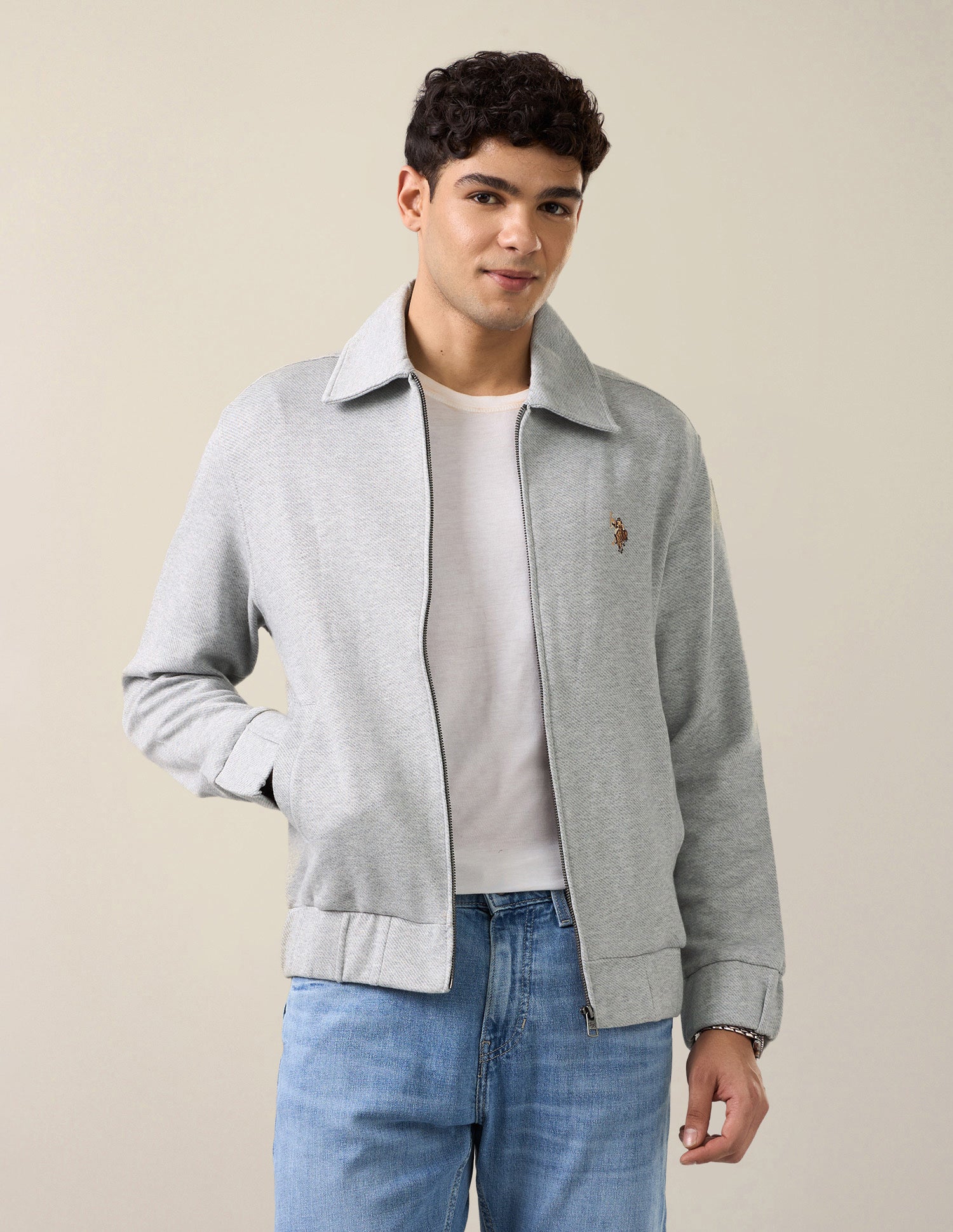 Heathered Regular Fit Zipper Sweatshirt Grey Melang - U.S. Polo Assn. India | Large