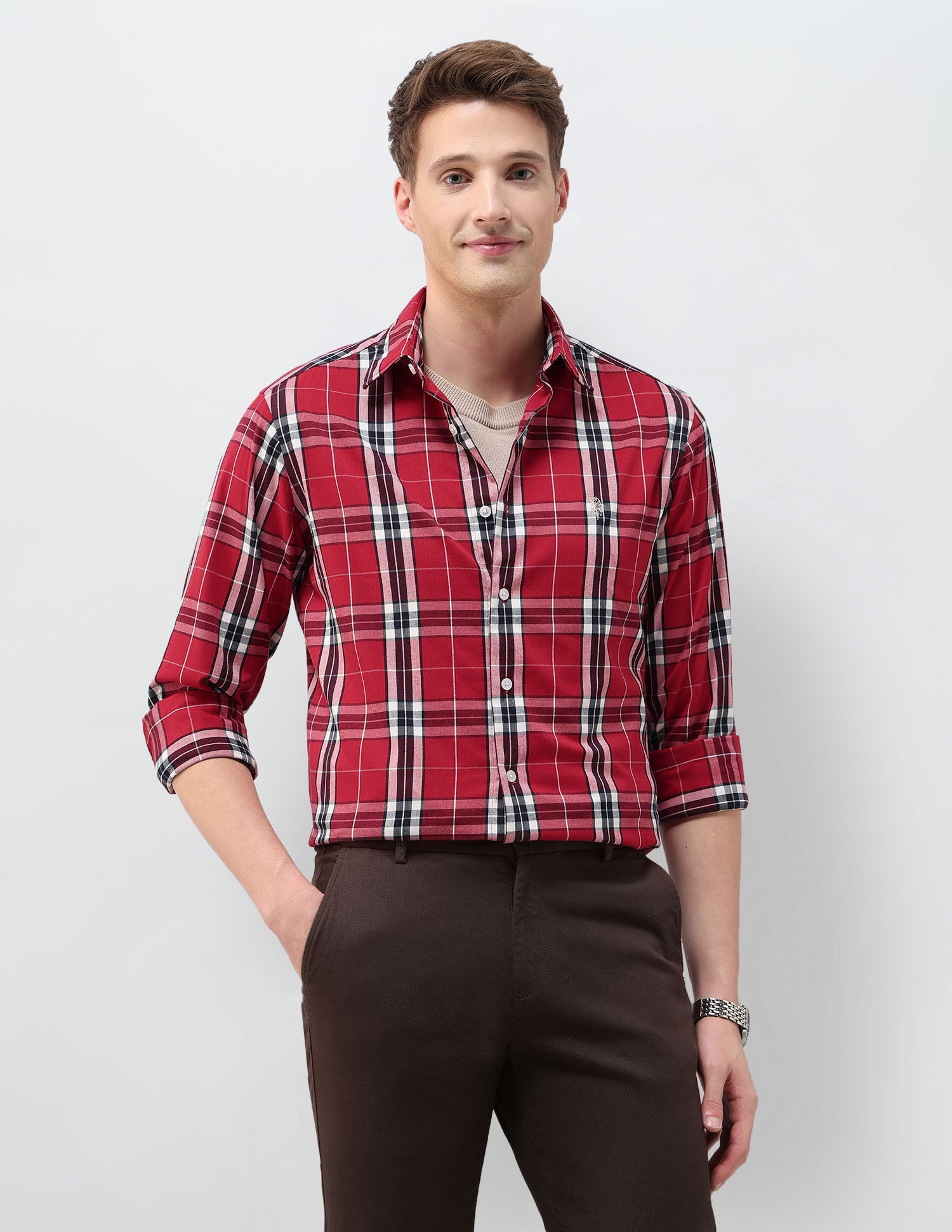 Plaid Checked Tailored Fit Shirt Red - U.S. Polo Assn. India | Large