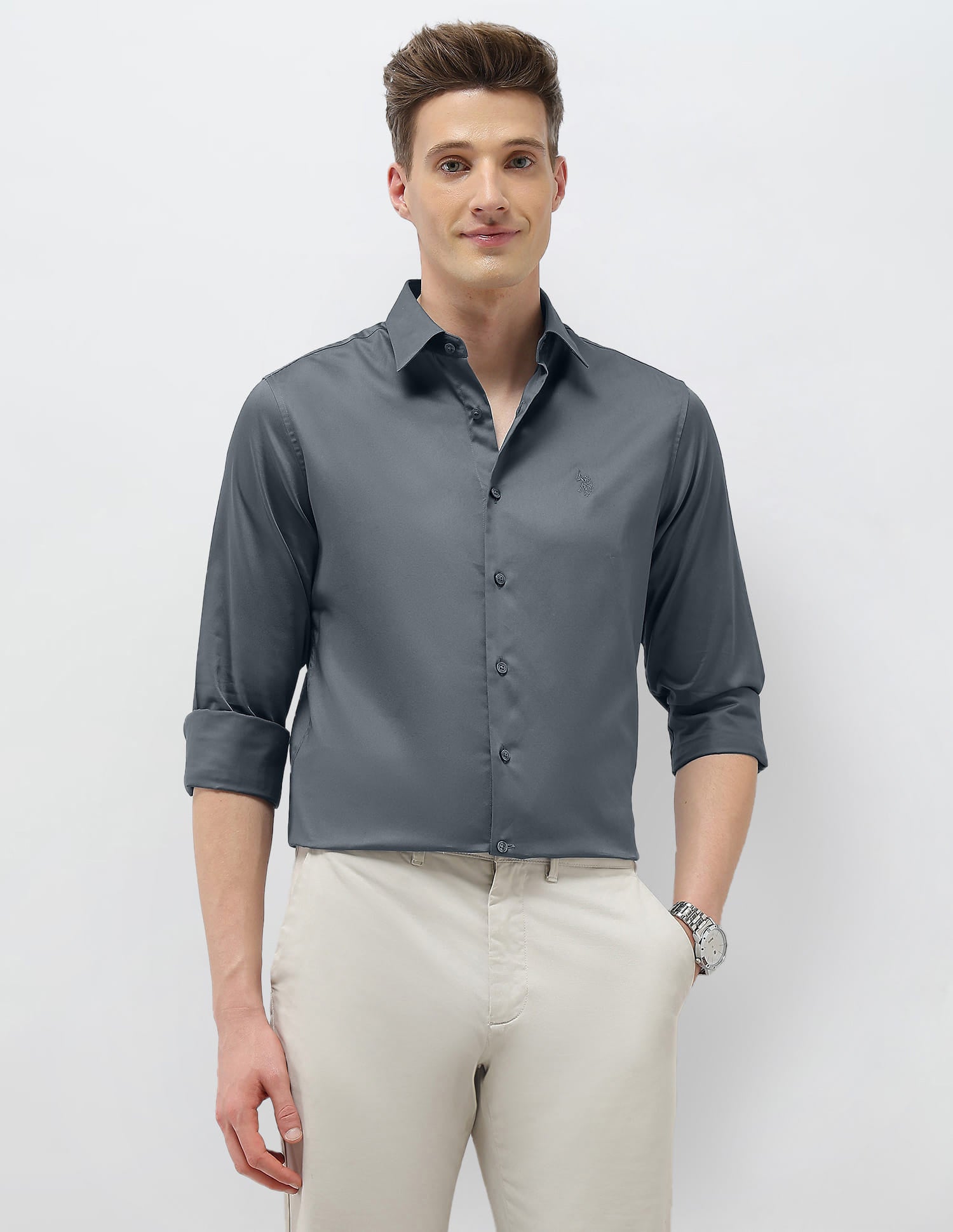 Solid Tailored Fit Shirt Dark Grey - U.S. Polo Assn. India | Large