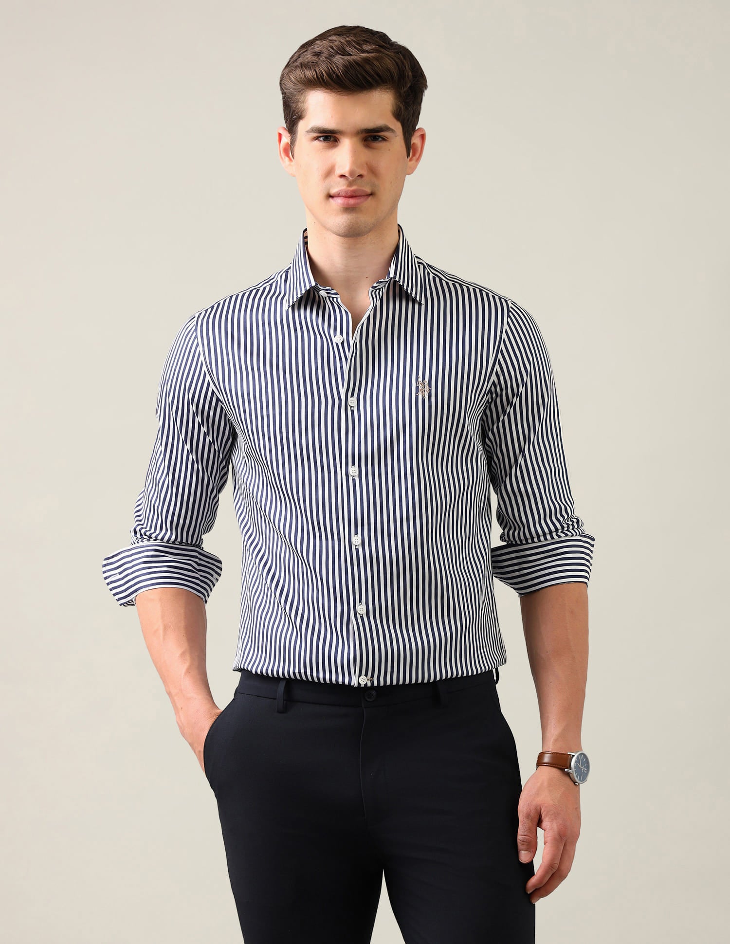 Vertical Striped Satin Shirt Blue - U.S. Polo Assn. India | Large