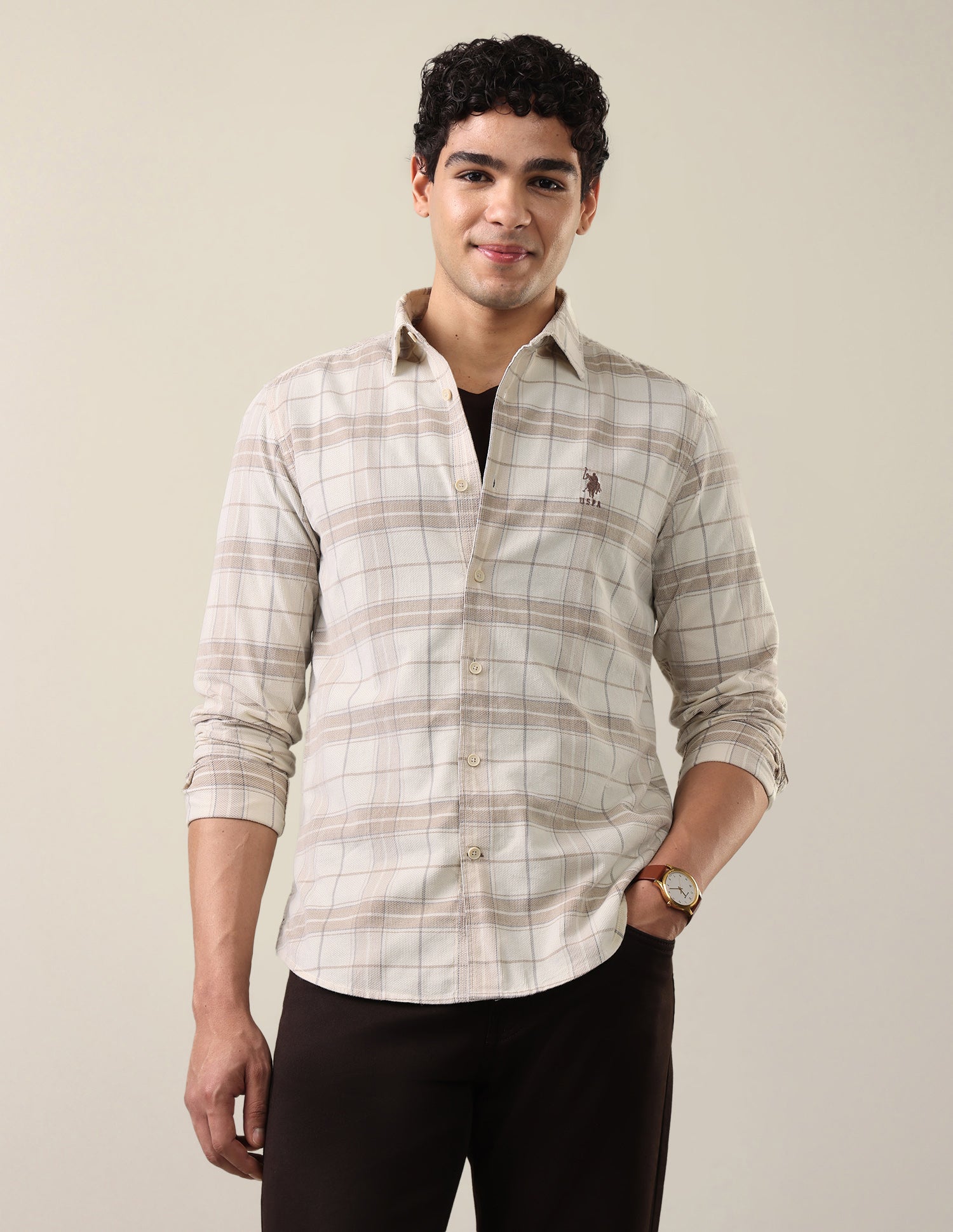 Corduroy Grid Tattersall Checked Shirt Beige - U.S. Polo Assn. India | Large