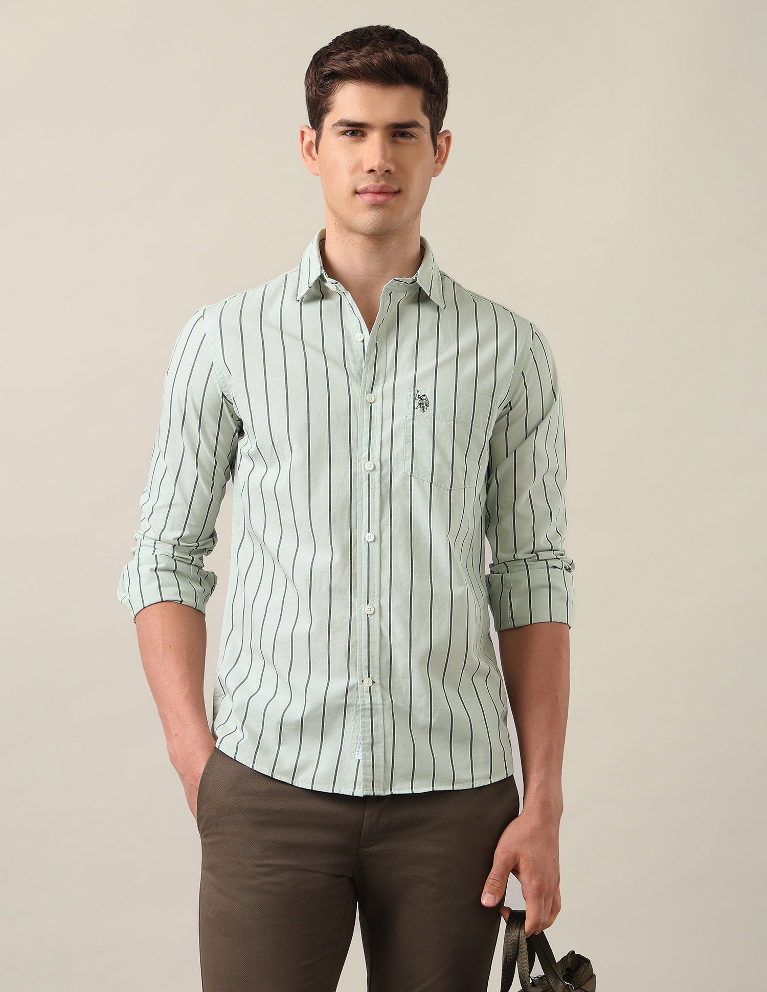 Tailored Fit Vertical Striped Shirt Green - U.S. Polo Assn. India | Large