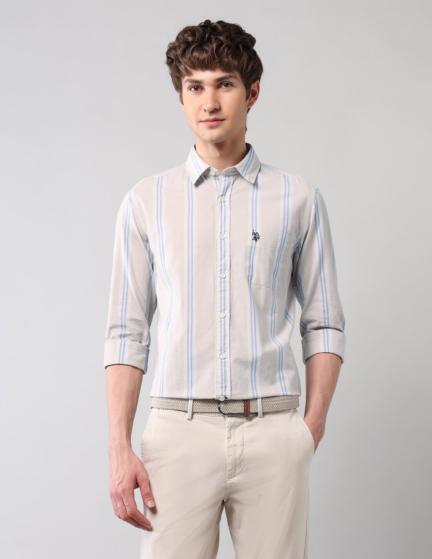 Vertical Striped Regular Fit Shirt Light Khaki - U.S. Polo Assn. India | Large