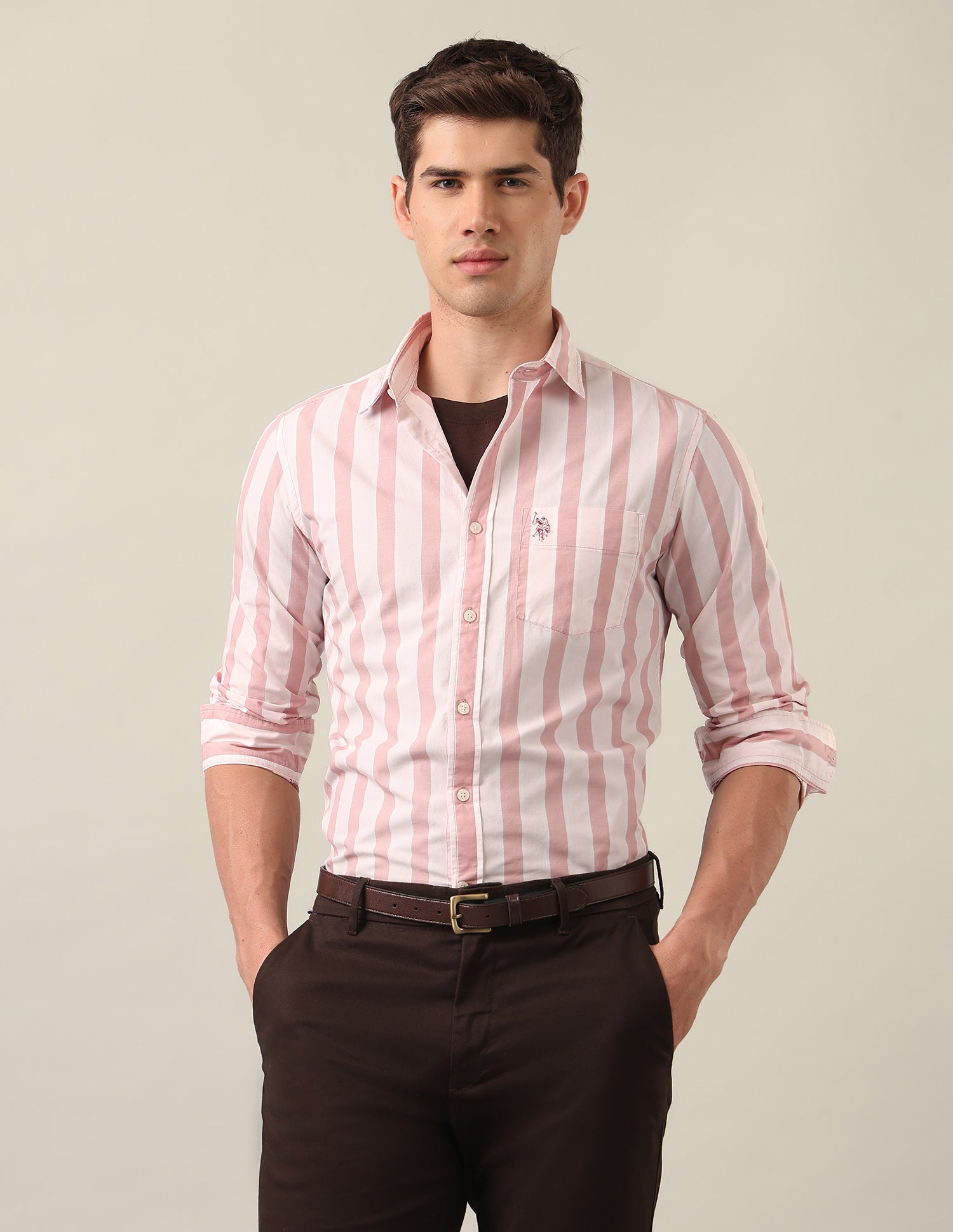 Tailored Fit Vertical Striped Shirt Peach - U.S. Polo Assn. India | Large