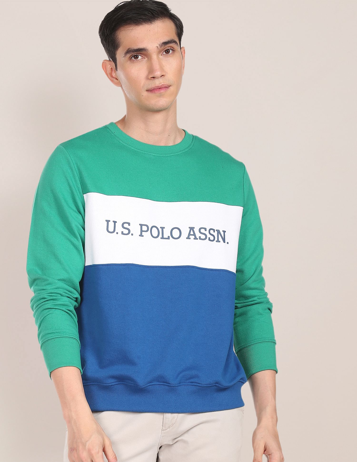 Crew Neck Colour Block Sweatshirt Green - U.S. POLO ASSN. | Large