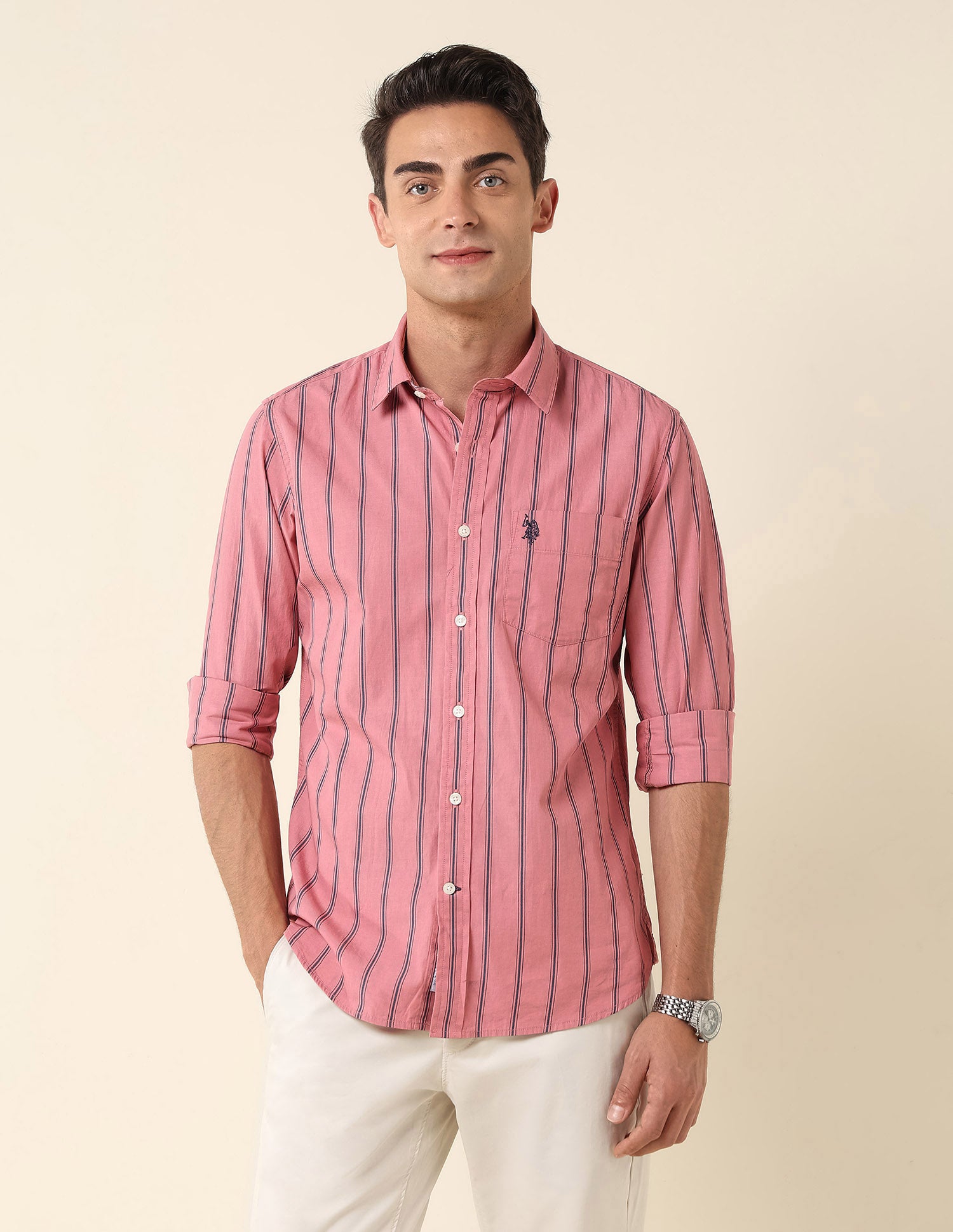 Poplin Vertical Striped Shirt Dark Pink - U.S. Polo Assn. India | Large
