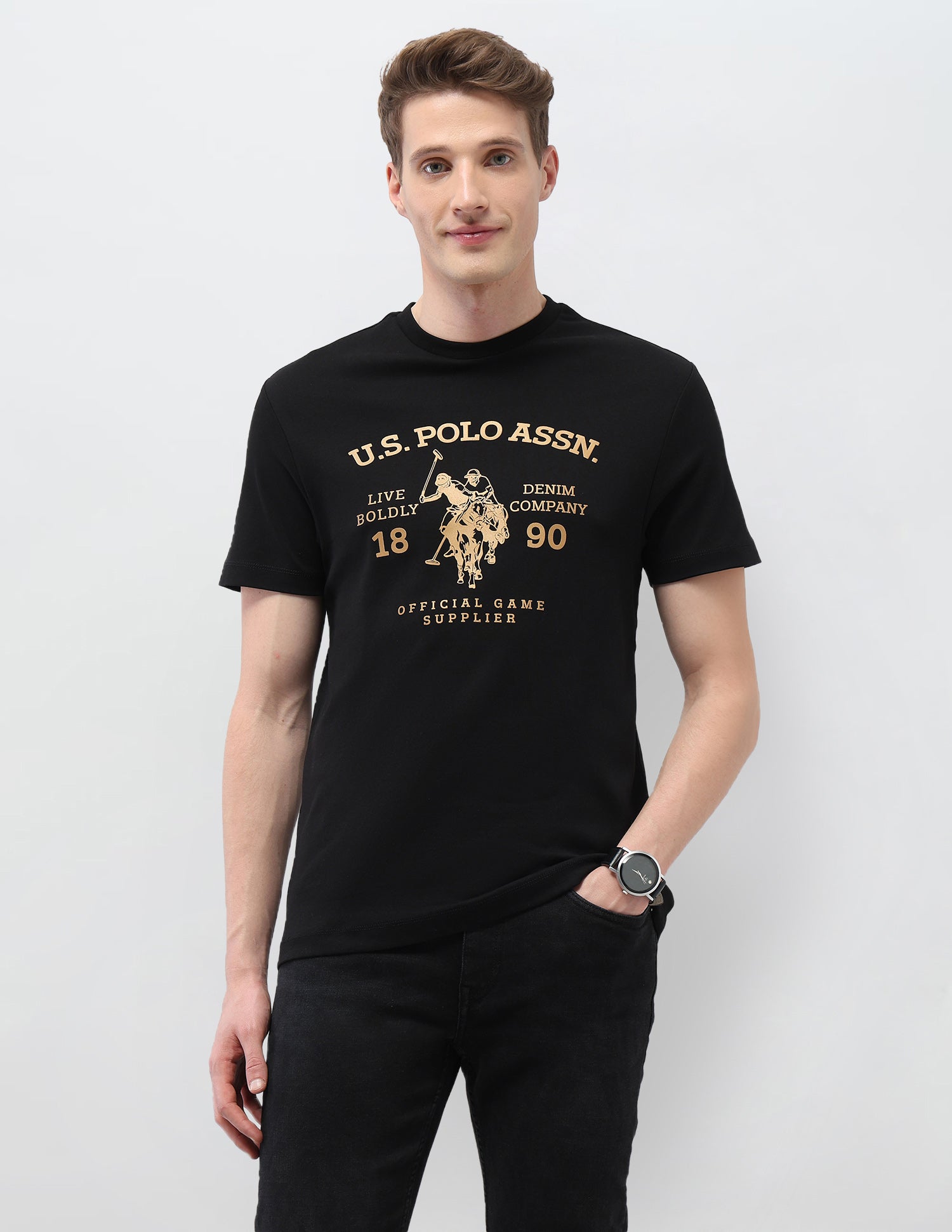 Graphic Brand Printed Slim Fit Black & Gold T-Shirt