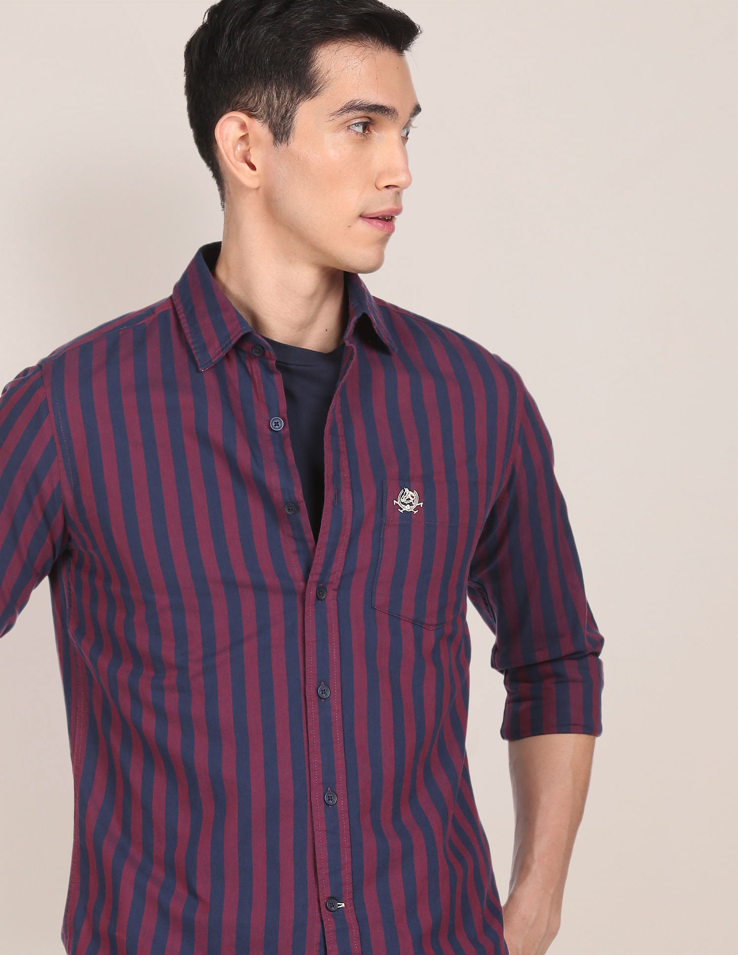 Men Maroon And Navy Striped Cotton Formal Shirt Maroon and Navy - U.S. POLO ASSN. | Large