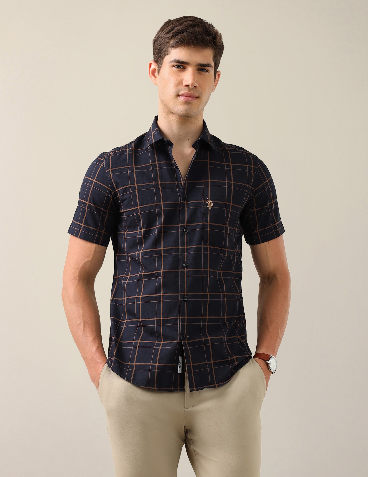Grid Tattersall Checked Tailored Fit Shirt Navy - U.S. Polo Assn. India | Large