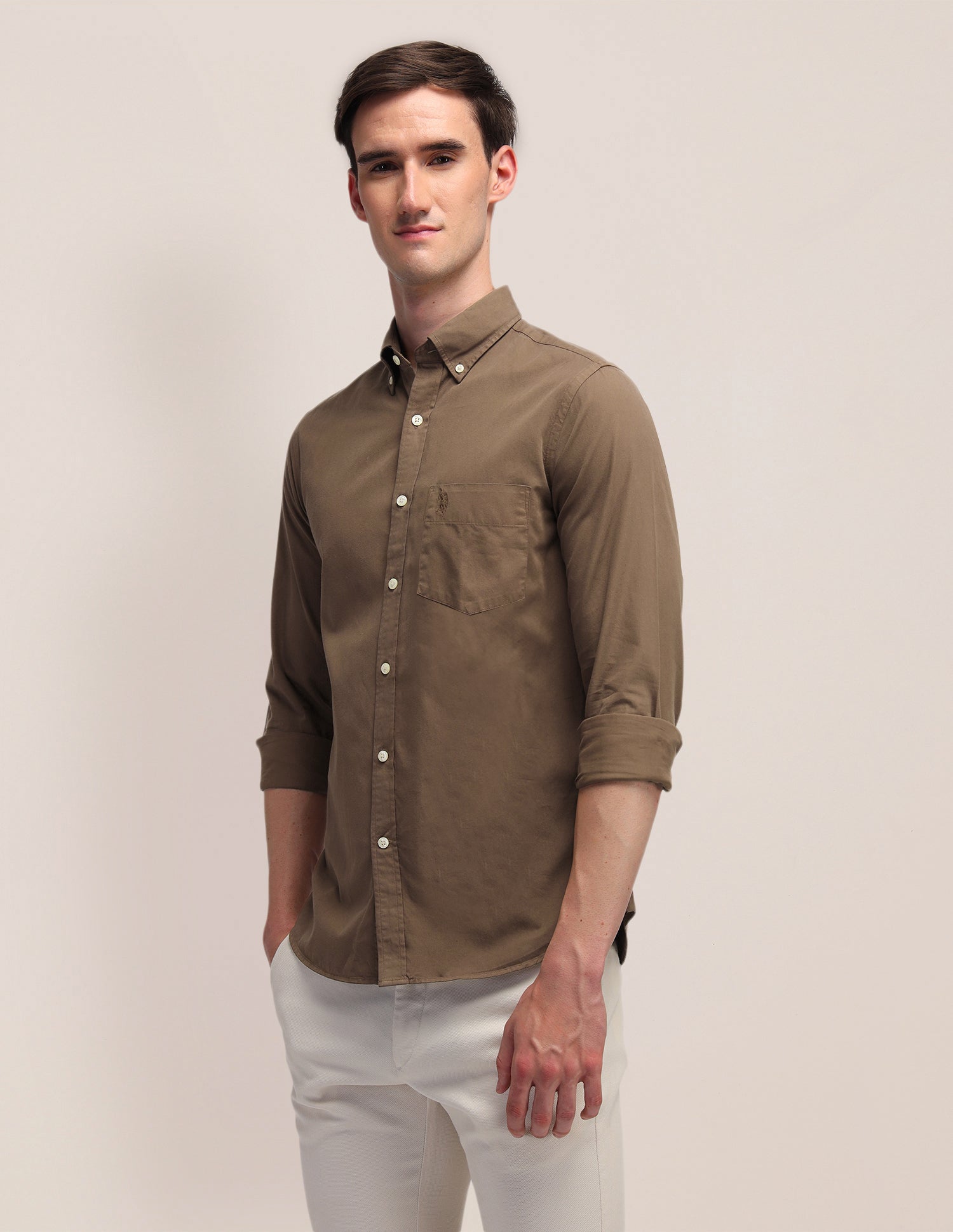 Solid Tailored Fit Shirt Brown - U.S. POLO ASSN. | Large