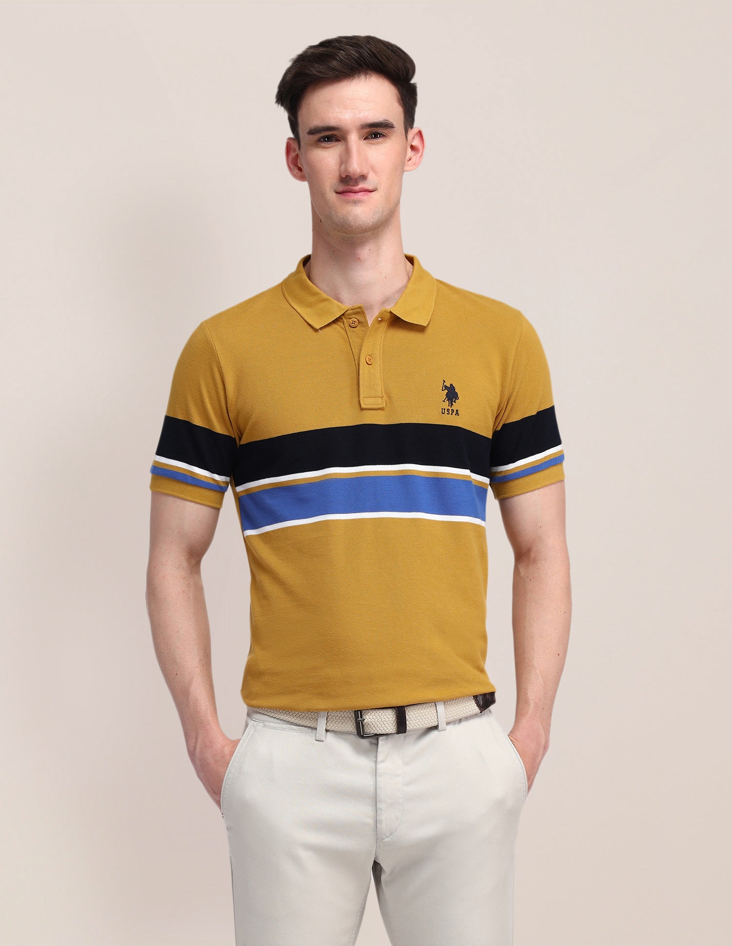 Horizontal Striped Slim Fit Polo Shirt Mustard - U.S. Polo Assn. India | Large