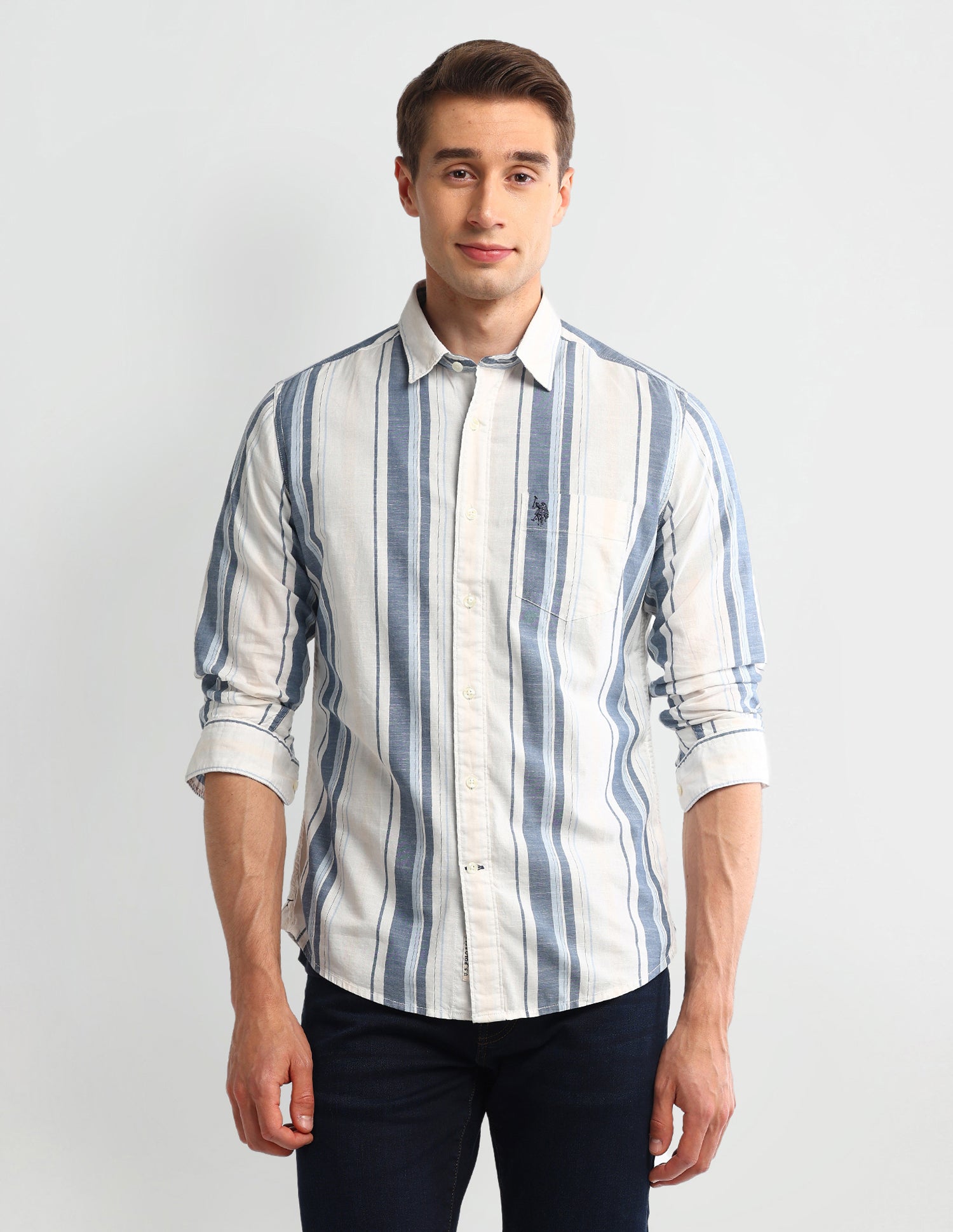 Vertical Striped Slim Fit Shirt Greyish-Blue - U.S. POLO ASSN. | Large