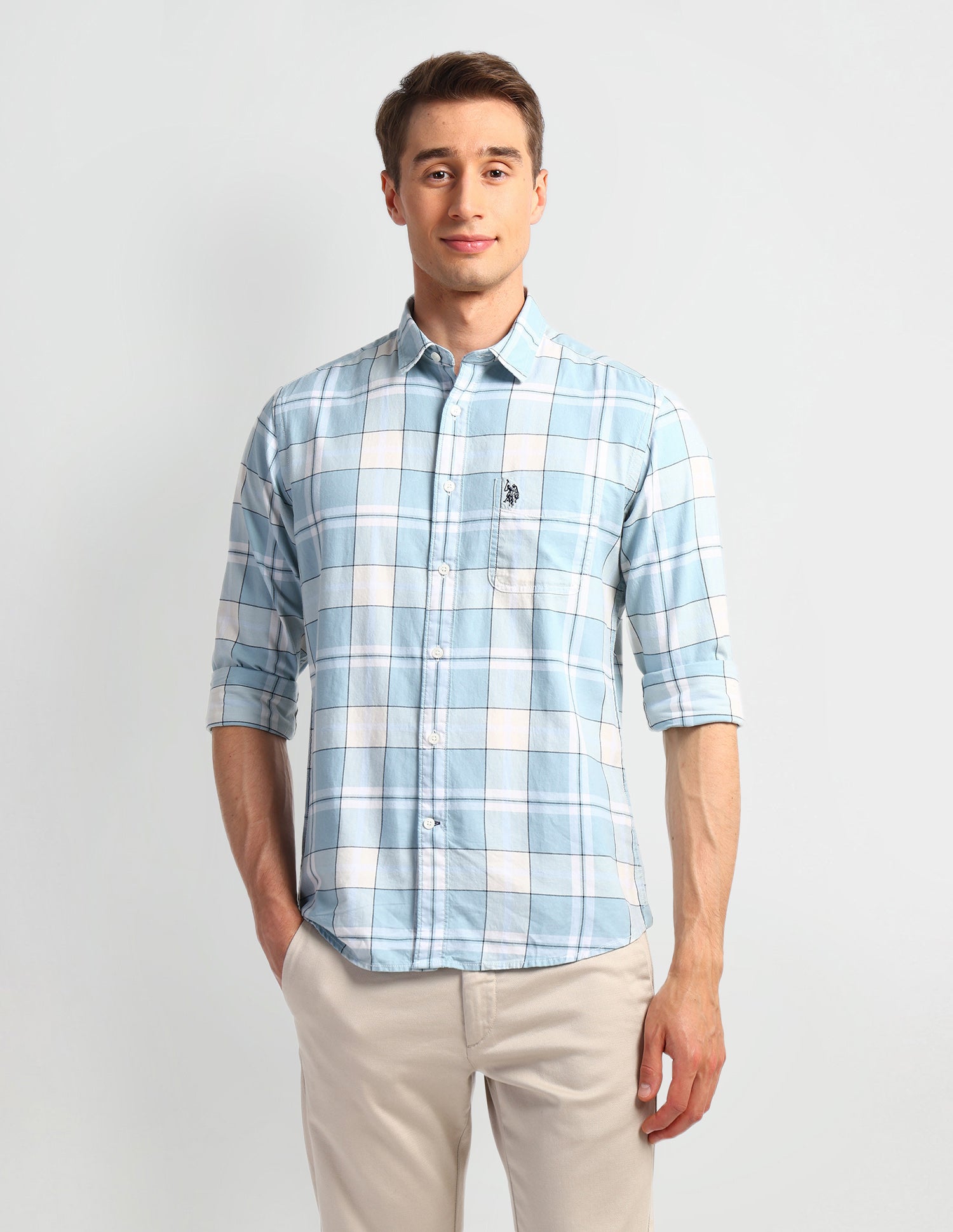 Windowpane Checked Slim Fit Shirt Light-Blue - U.S. Polo Assn. India | Large