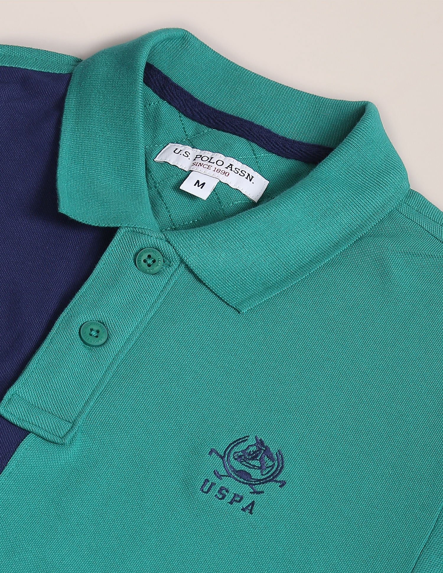 Colour Block Cotton Polo Shirt Green and Dark Blue - U.S. Polo Assn. India | Large