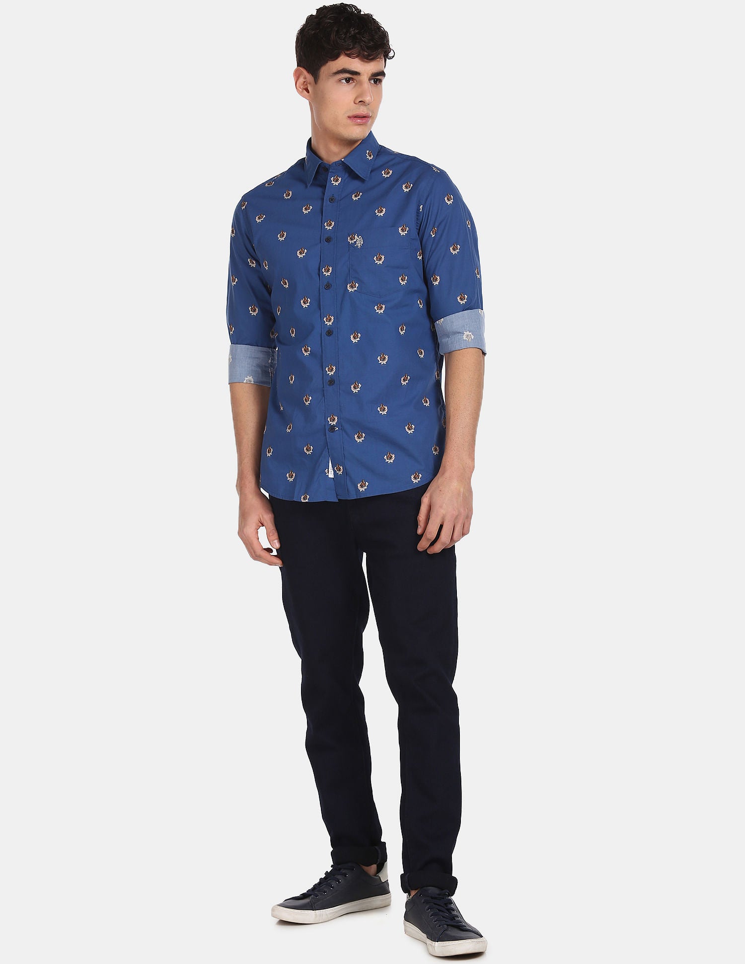 Men Navy Spread Collar Printed Casual Shirt Navy - U.S. POLO ASSN. | Large