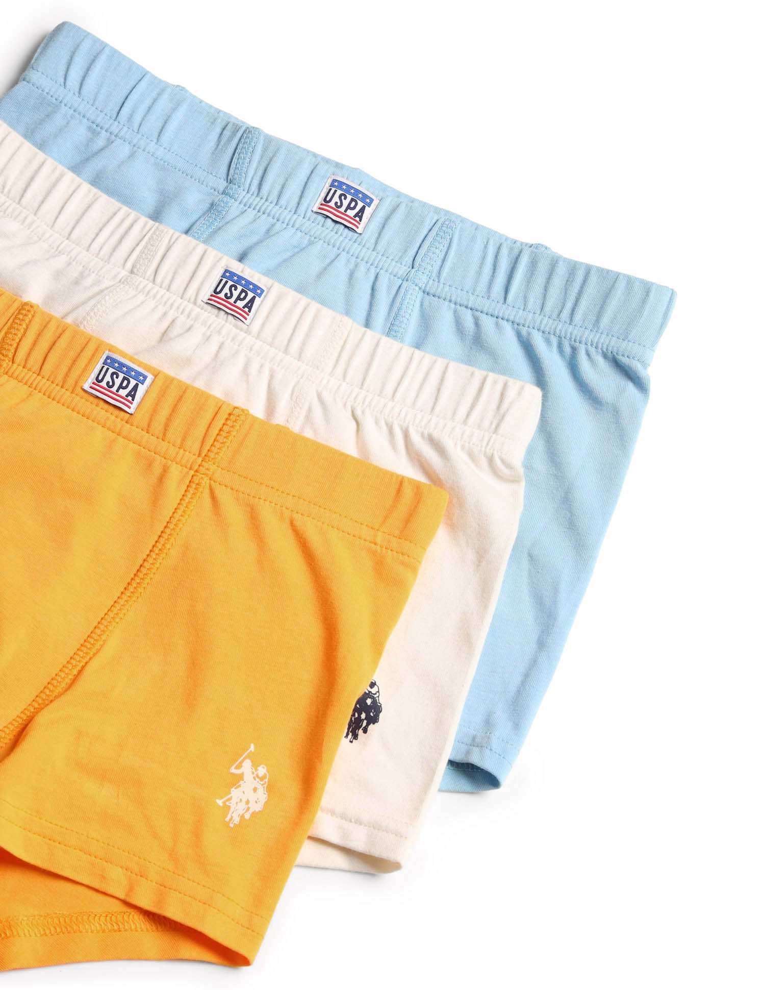 Boys Cotton Spandex Solid Trunks - Pack Of 3 Orange, Blue and White - U.S. POLO ASSN. | Large