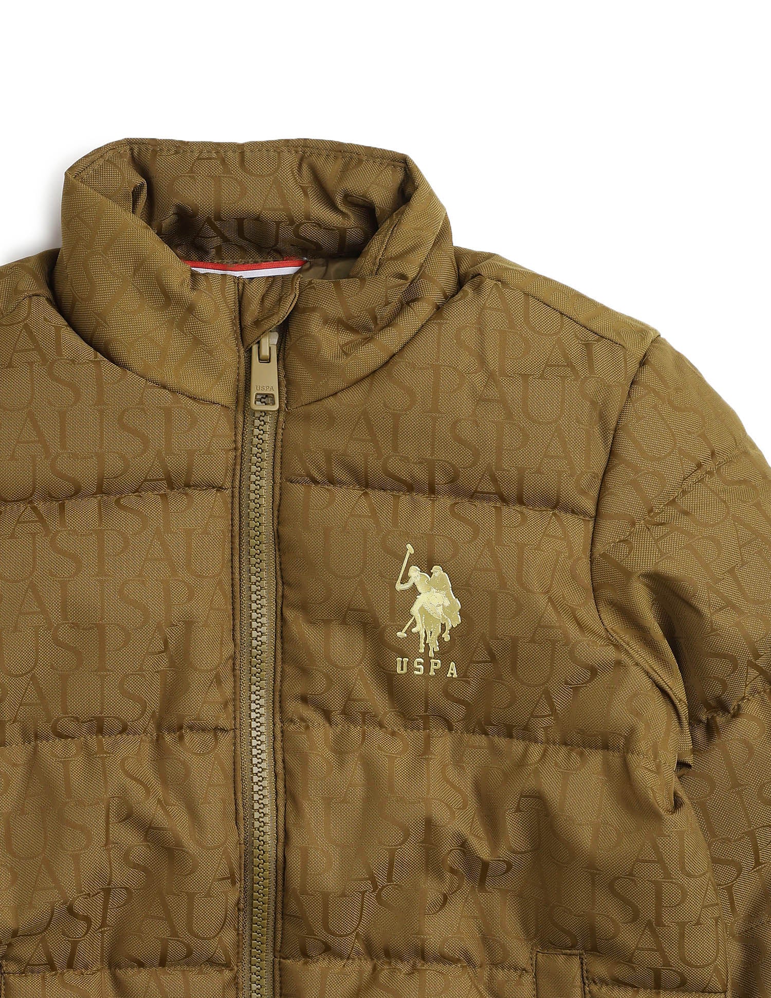 Boys Brand Printed Puffer Jacket Khaki - U.S. Polo Assn. India | Large