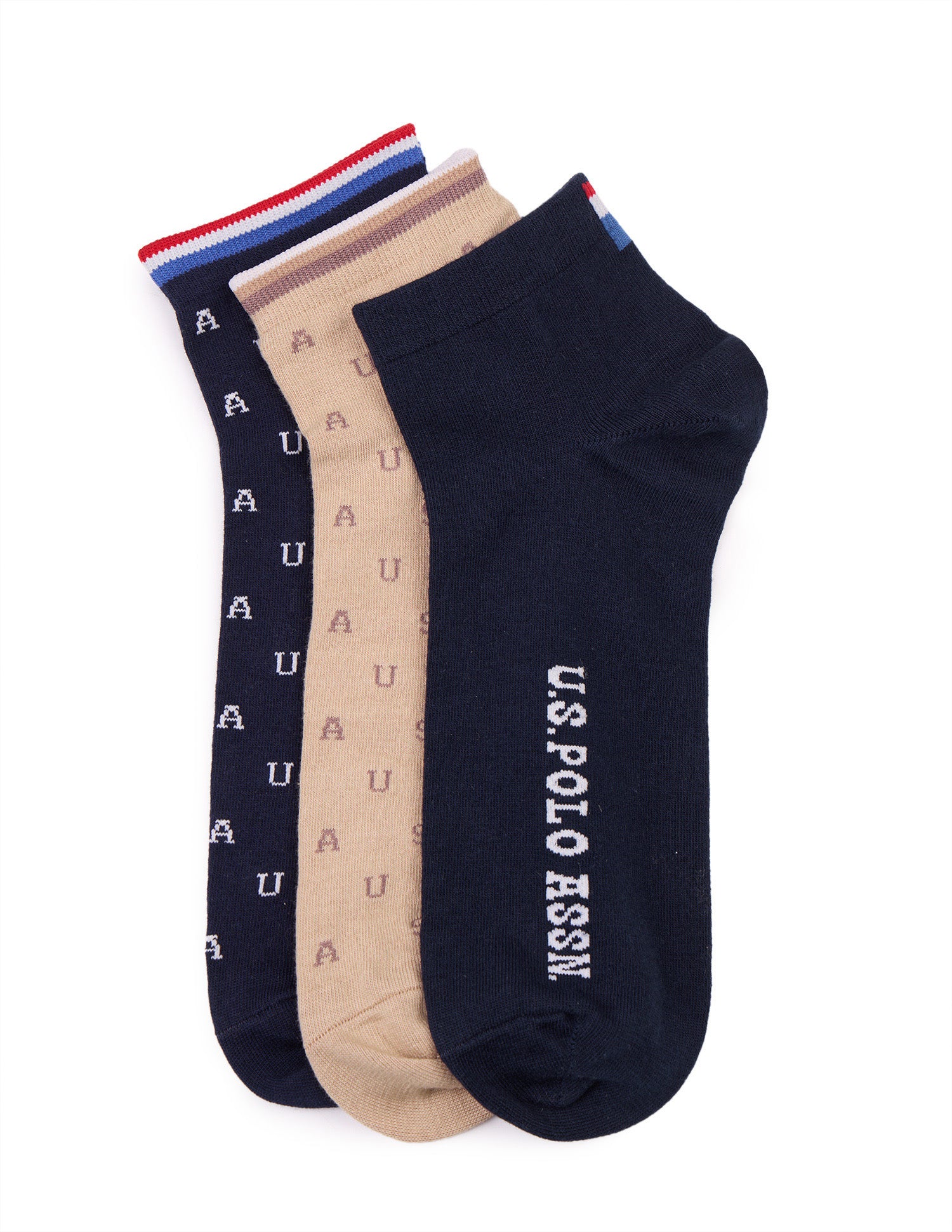 Brand Printed Ankle Length Socks - Pack Of 3 Navy/Irish Cream/Navy - U.S. Polo Assn. India | Large
