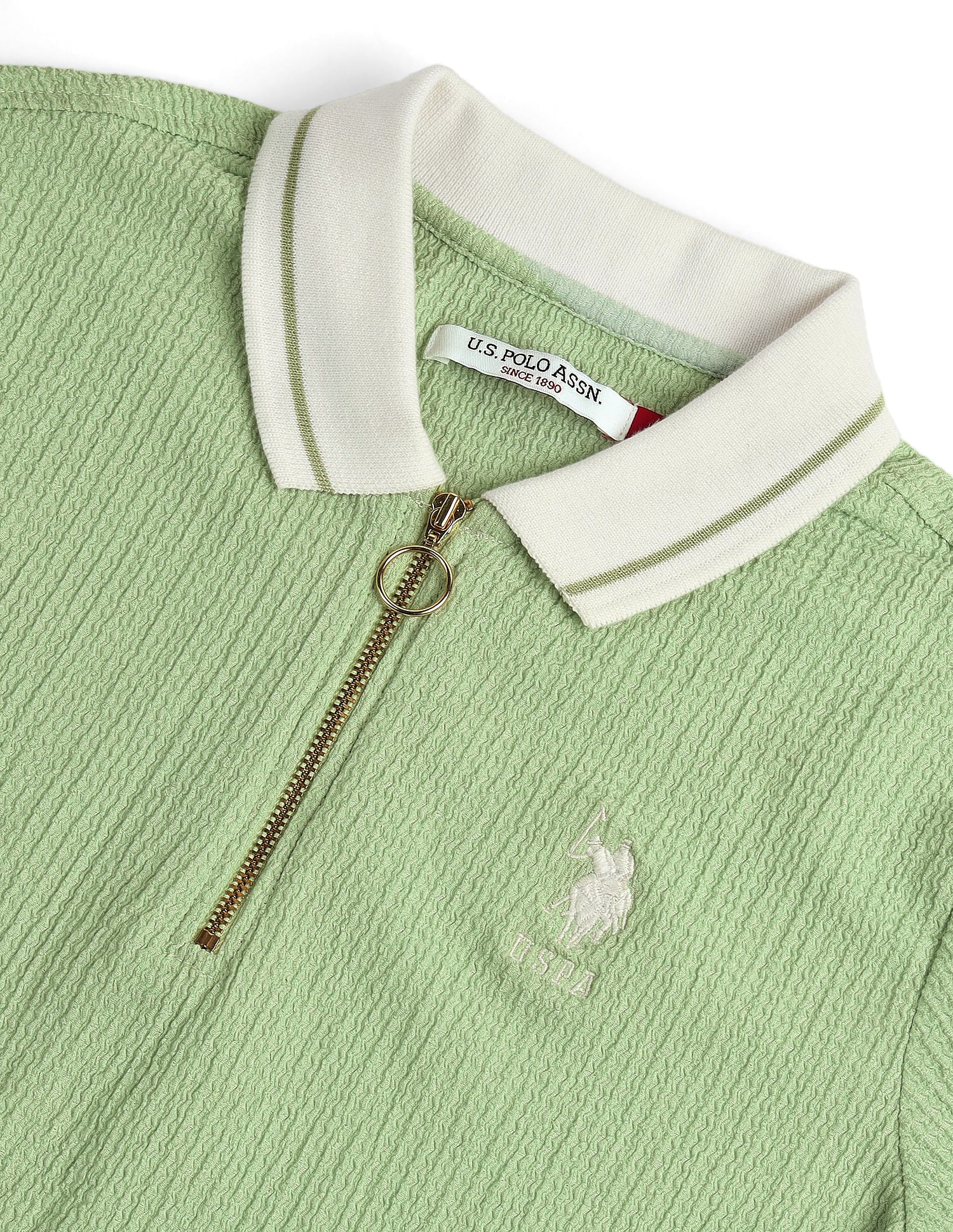 Zipper Placket Textured Polo Shirt Light Green - U.S. POLO ASSN. | Large