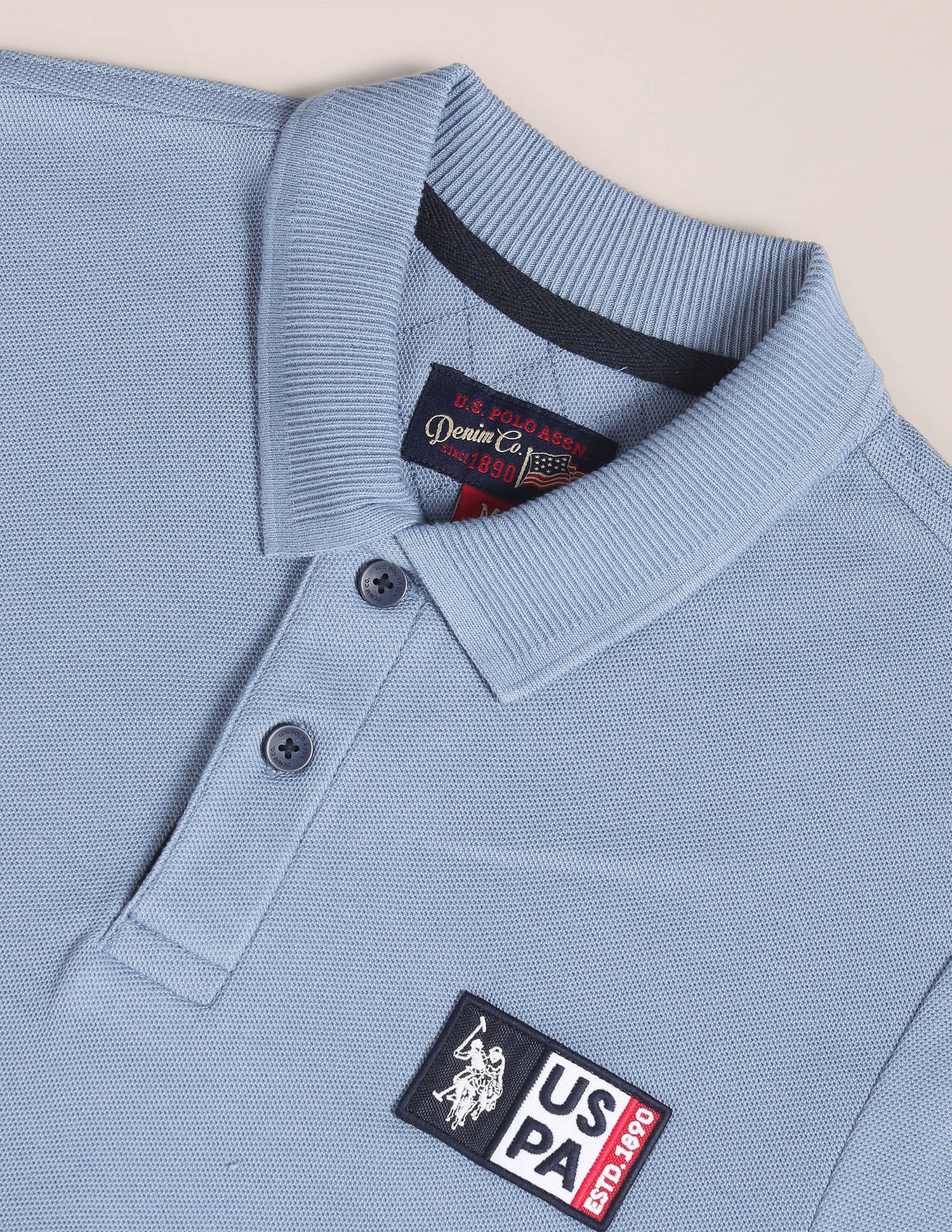 Solid Cotton Polo Shirt Blue - U.S. Polo Assn. India | Large
