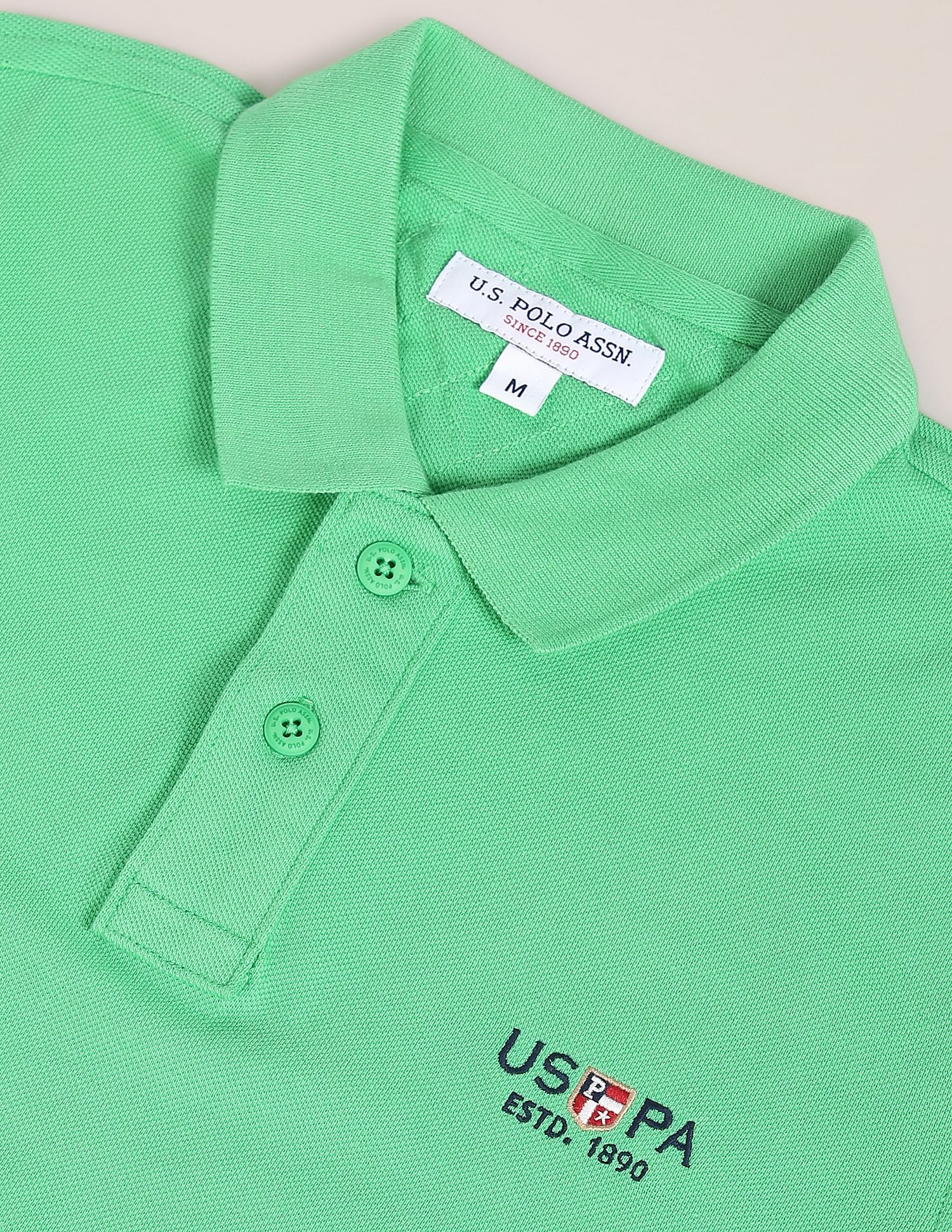 Ribbed Collar Pure Cotton Solid Polo Shirt Green - U.S. POLO ASSN. | Large