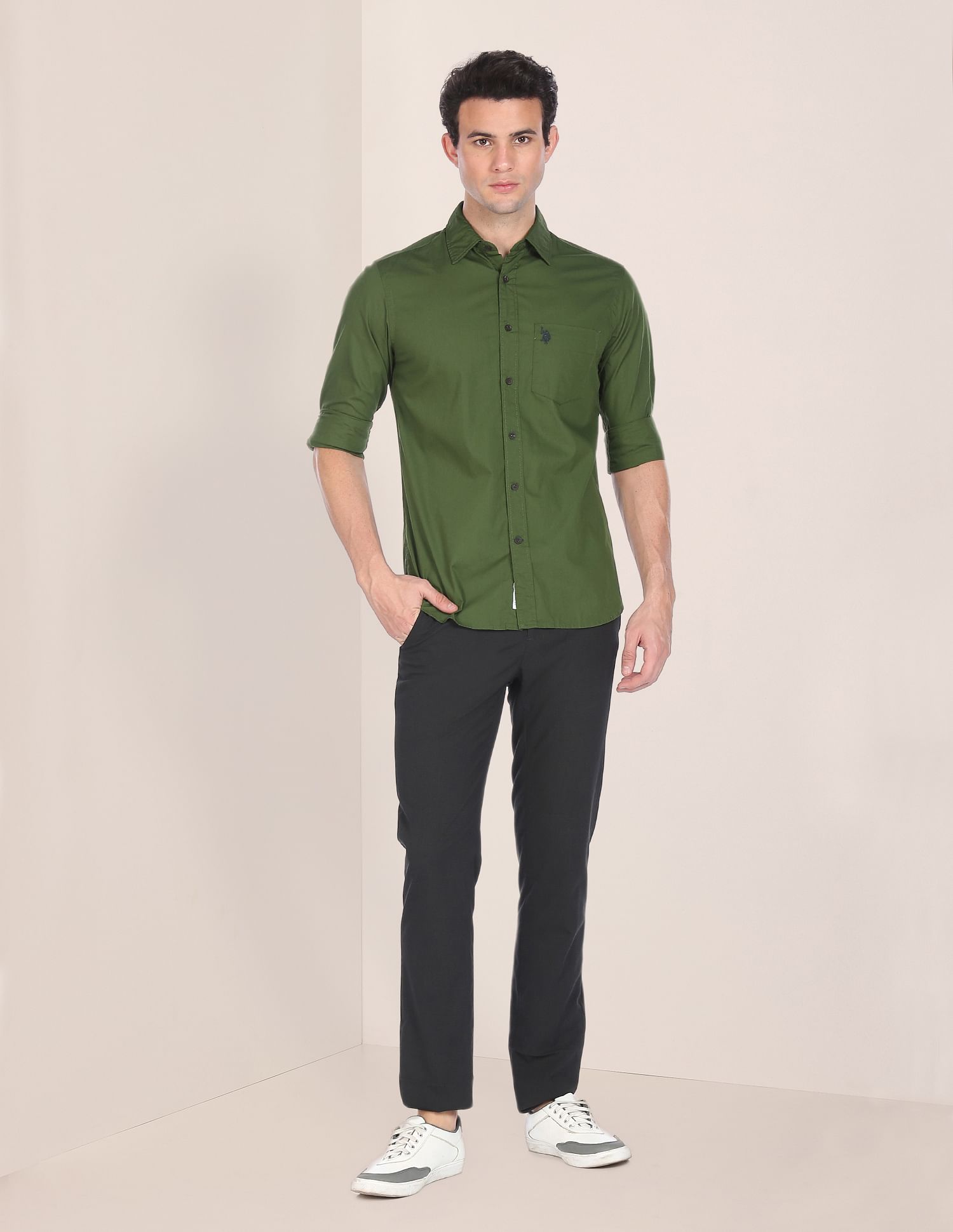 Men Green Spread Collar Solid Casual Shirt Green - U.S. POLO ASSN. | Large