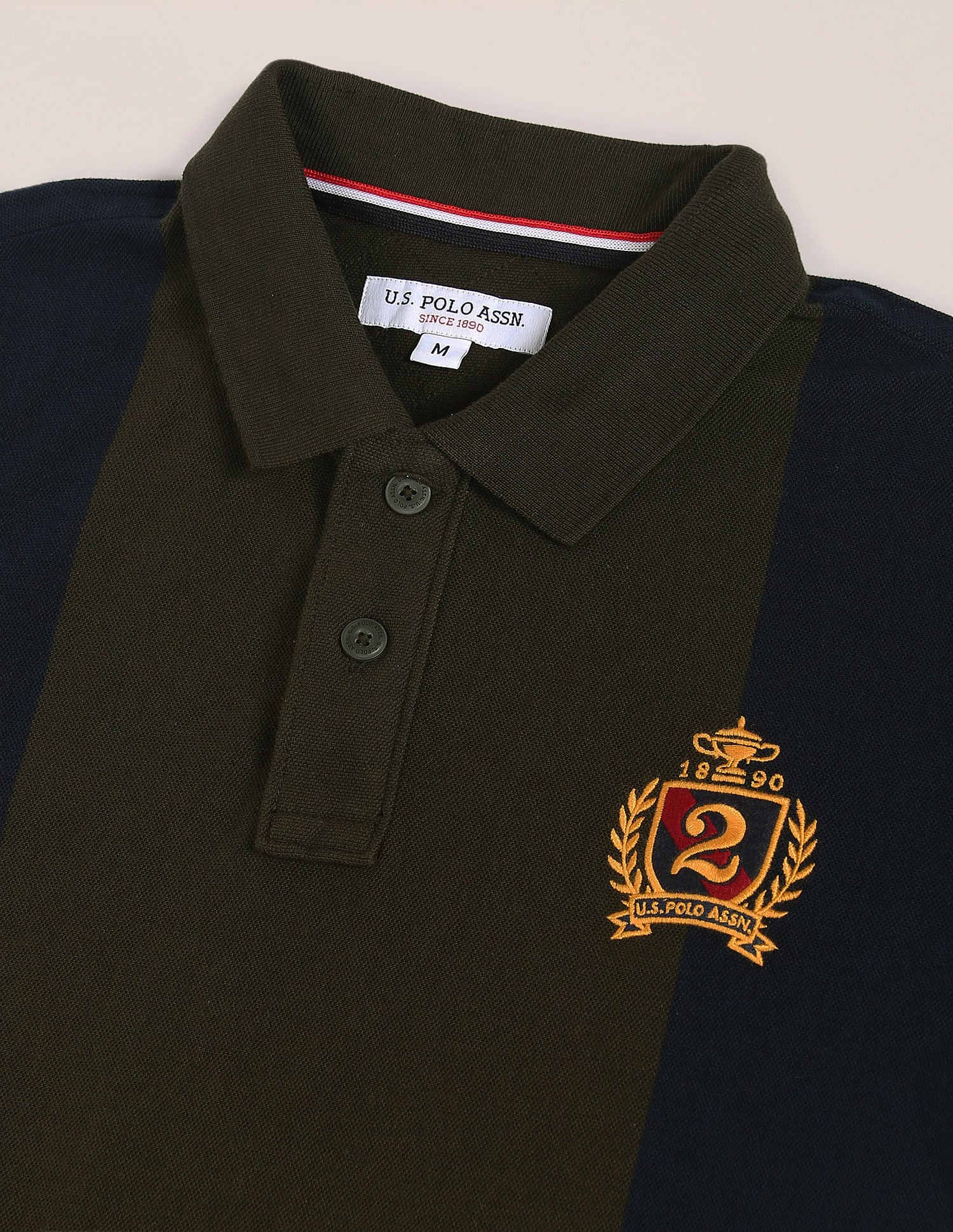 Vertical Stripe Crest Embroidered Polo Shirt Olive and Navy - U.S. Polo Assn. India | Large