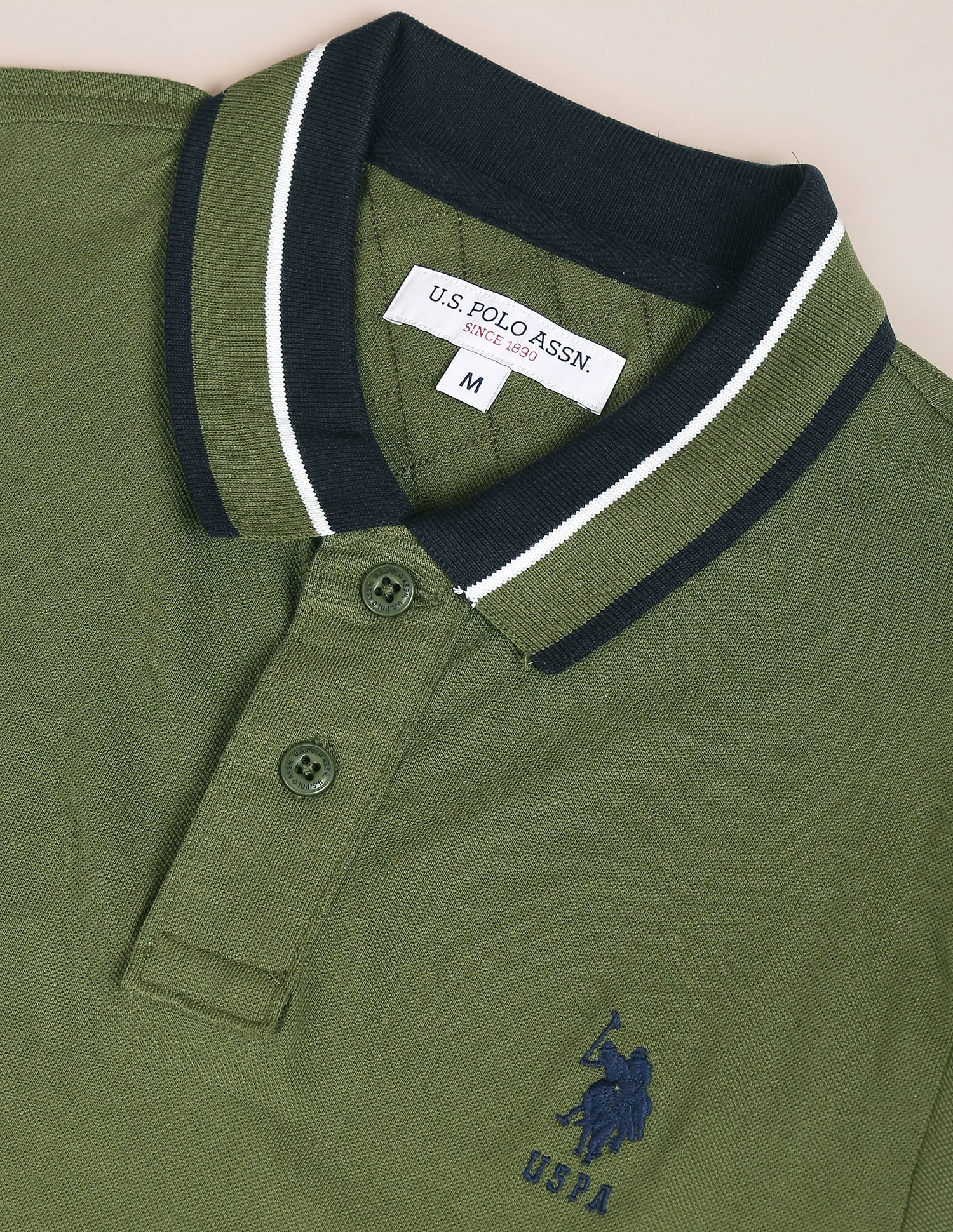 Striped Collar Slim Fit Polo Shirt Olive - U.S. Polo Assn. India | Large